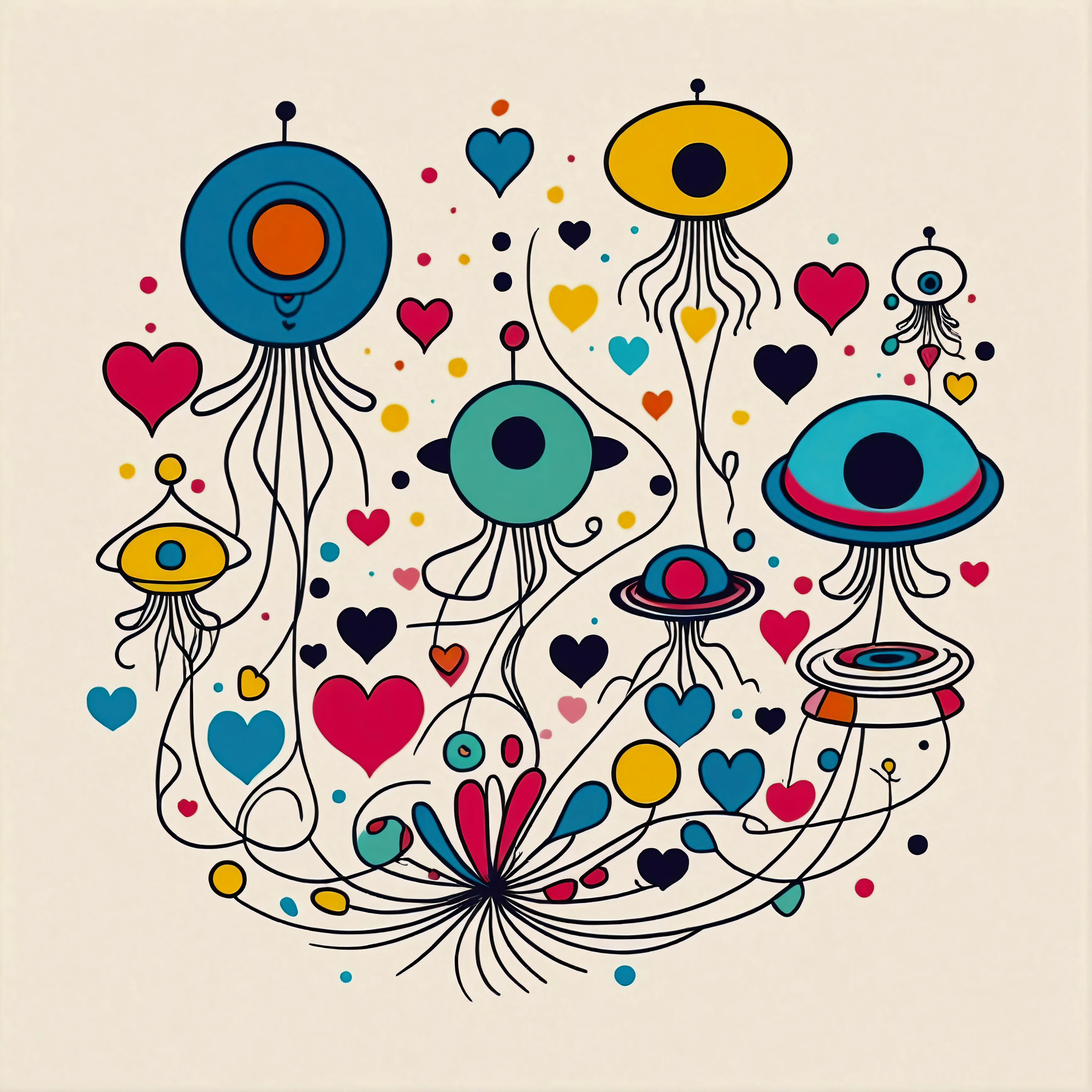 Vasily Kandinsky colorfull style, Simple Line Initialism,Abstract art, colorful hearts, funny design, (((bosom buddy ))), (((Cute Aliens))), The background is space