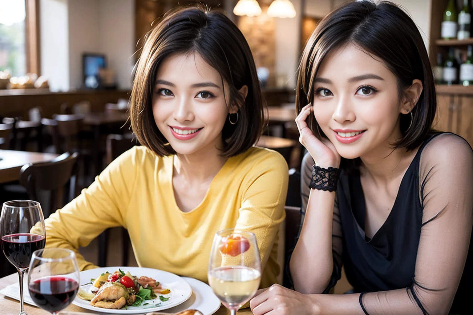 (Realistic:1.1),(masterpiece,Highest quality),8k,(58 years old), 53 years old, ベリーslimボディ、slimカップル、Tight waist,Upper Body,full-course dinner、wine 、Amazing view of the sunset sky and clouds、Perfect Anatomy, Brown Hair, short hair,Random Hairstyles,((Highly detailed face and eyes:1.2)),Perfect golden ratio face,Long sleeve shirt、dress,(smile:1.2)、Shortcuts、cute、(Realistic, Intricate details:1.2), A bright smile、short hair,Bright Face、赤wine 、Appetizers、Italian food、wine bottle、Champagne、スパークリングwine、(slimな顔), (The body is slim), (Brown Hair), (Shortcuts), Upper Body, 白wine, slim, wineグラス,