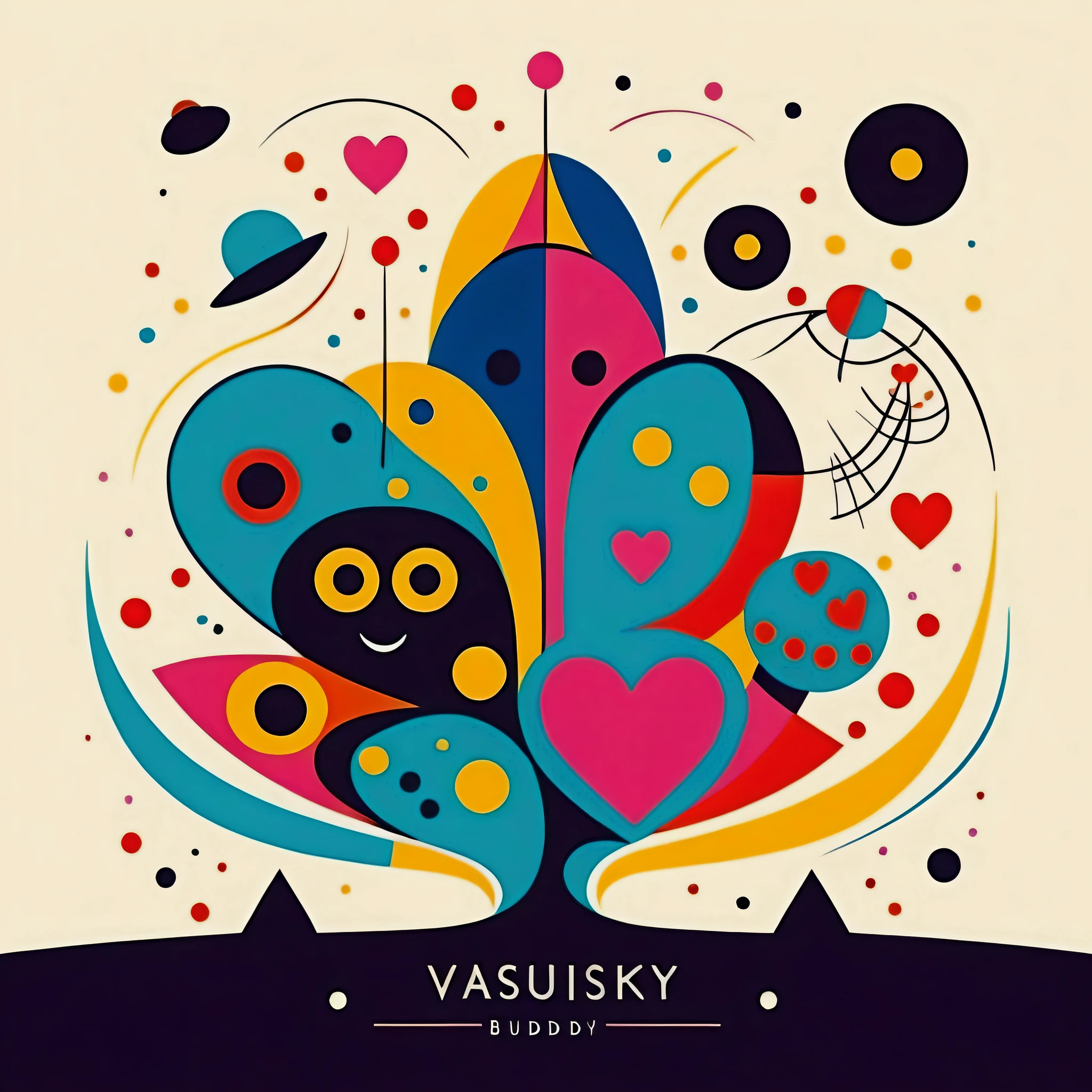Vasily Kandinsky colorfull style, Simple Line Initialism,Abstract art, colorful hearts, funny design, (((????? buddy ))), (((Cute Aliens))), The background is space