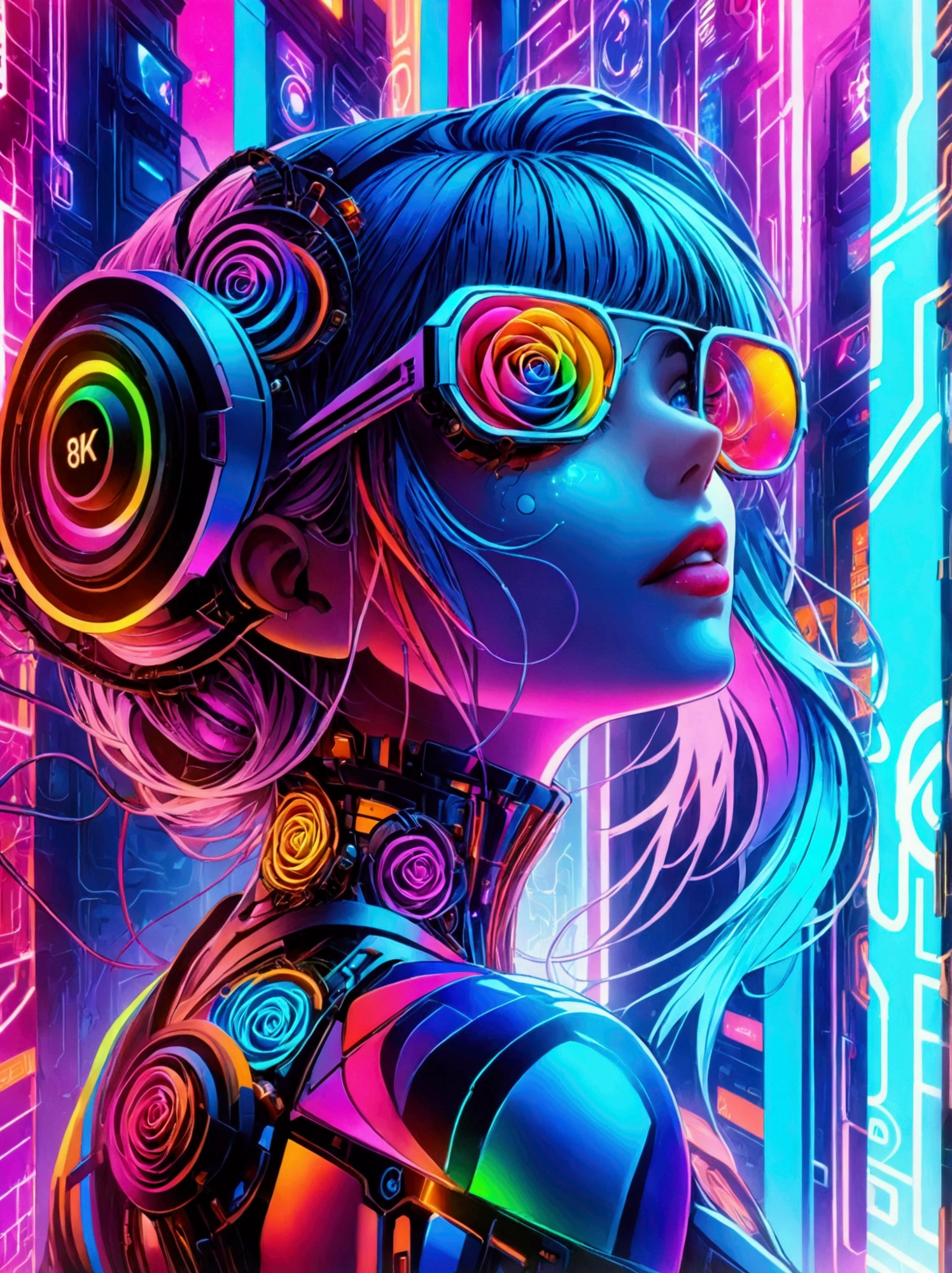 (((8k，Bright colors，Bright，Ultra high saturation，RGB color)))girl，Y2K style，Collage art，Cyberpunk Background，Celluloid Shadow，Soda，blue，Purple，whole，Clearly detailed bionic rose cyber fragrance