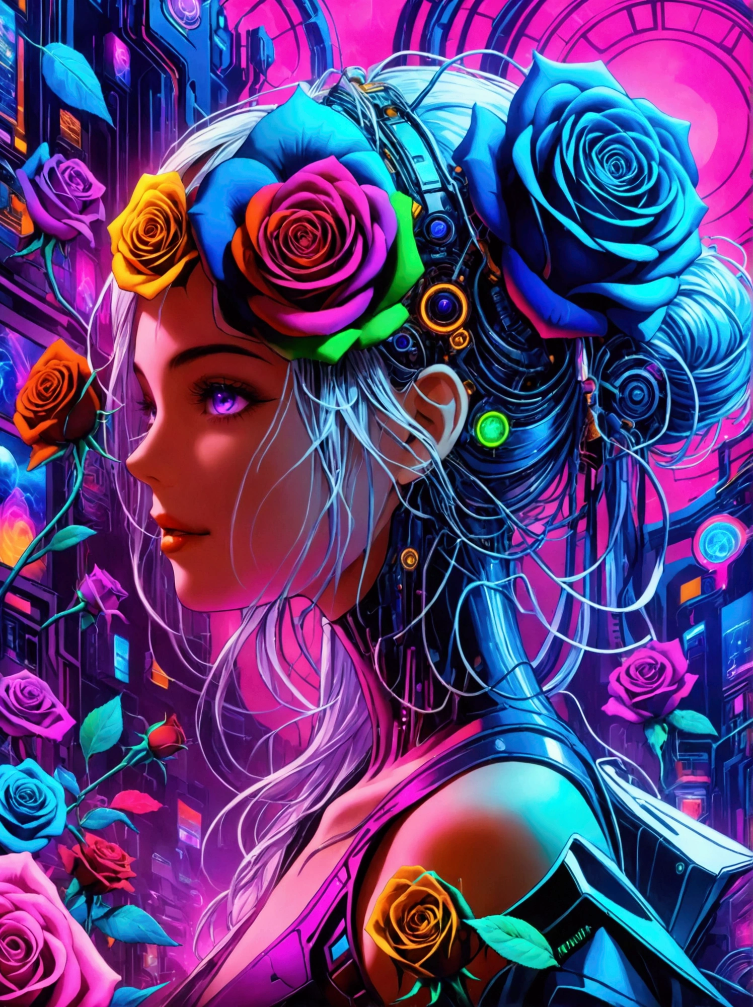 (((8k，Bright colors，Bright，Ultra high saturation，RGB color)))girl，Y2K style，Collage art，Cyberpunk Background，Celluloid Shadow，Soda，blue，Purple，whole，Clearly detailed bionic rose cyber fragrance