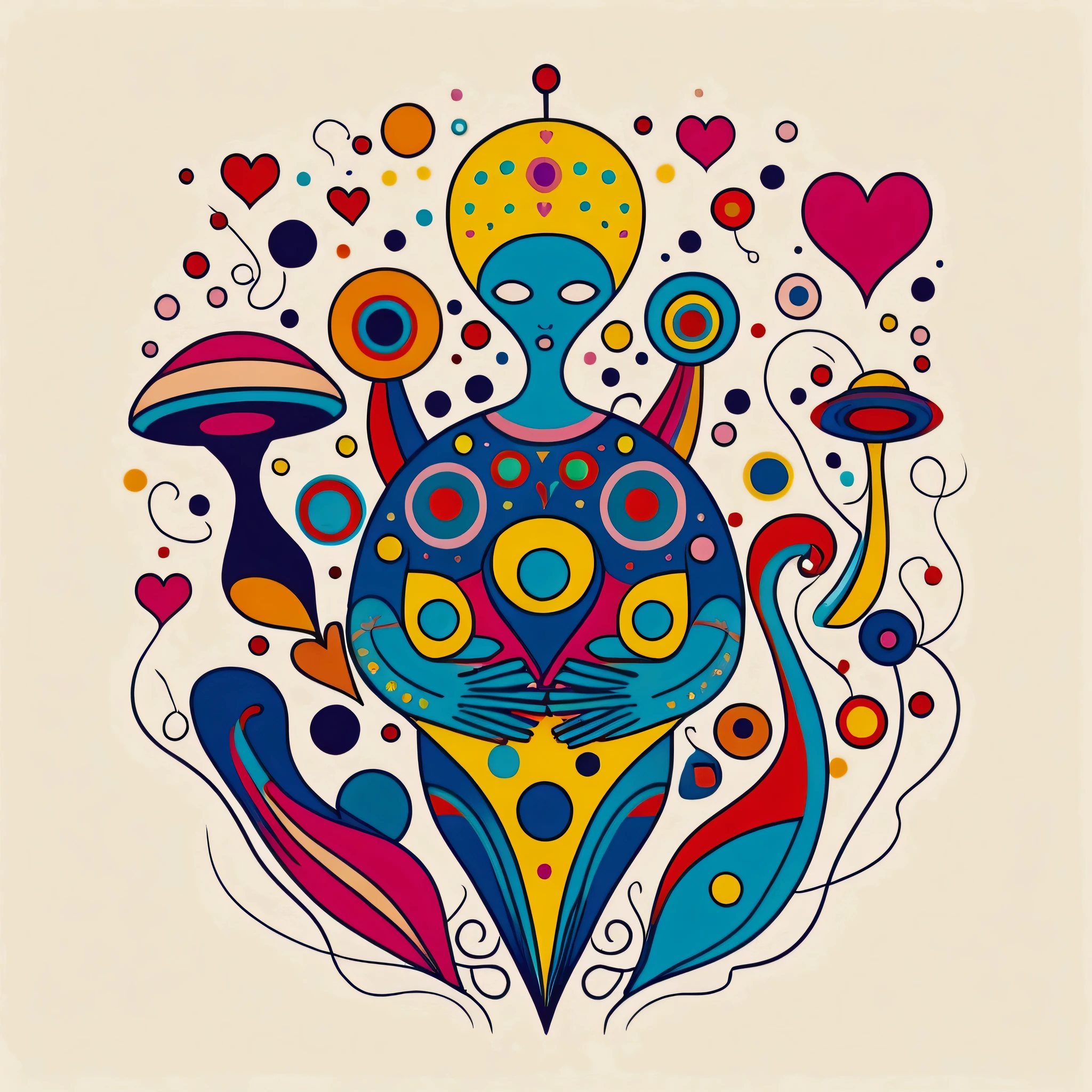 Vasily Kandinsky colorfull style, Simple Line Initialism,Abstract art, colorful hearts, funny design, (((bosom buddy ))), (((Cute Aliens))), The background is space