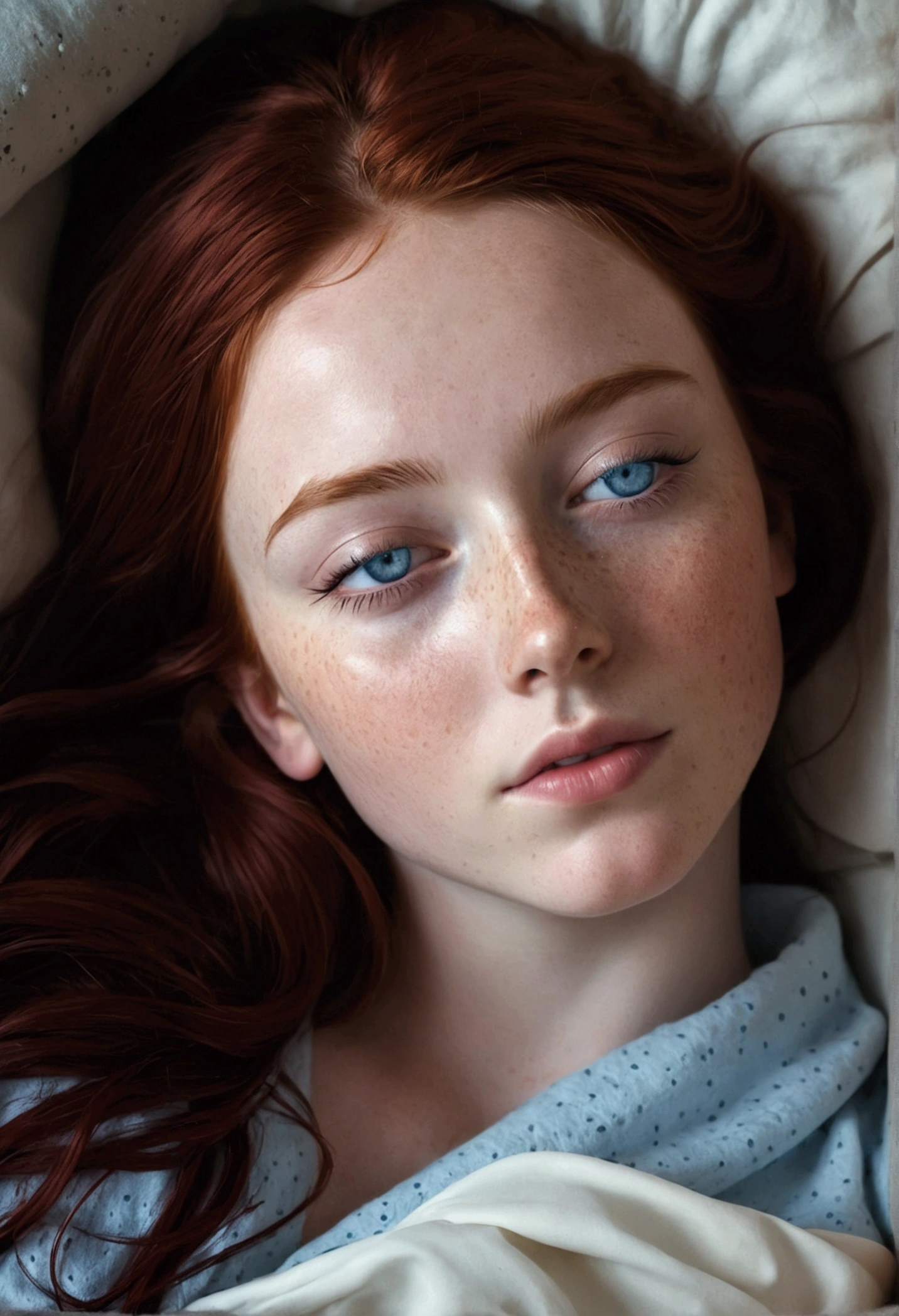 A beautiful girl with blue eyes, dark red hair, freckles and cinematic is sleeping