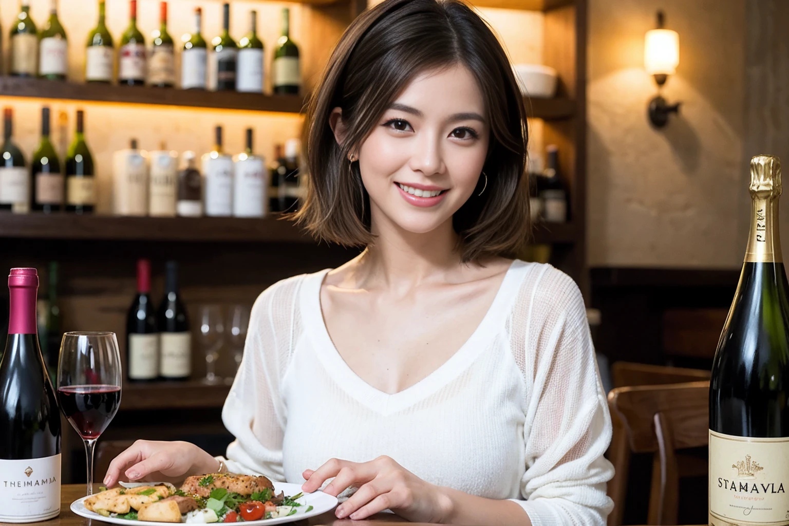(Realistic:1.1),(masterpiece,Highest quality),8k,(58 years old), 53 years old, ベリーslimボディ、slimカップル、Tight waist,Upper Body,full-course dinner、wine 、Amazing view of the sunset sky and clouds、Perfect Anatomy, Brown Hair, short hair,Random Hairstyles,((Highly detailed face and eyes:1.2)),Perfect golden ratio face,Long sleeve shirt、dress,(smile:1.2)、Shortcuts、cute、(Realistic, Intricate details:1.2), A bright smile、short hair,Bright Face、赤wine 、Appetizers、Italian food、wine bottle、Champagne、スパークリングwine、(slimな顔), (The body is slim), (Brown Hair), (Shortcuts), Upper Body, 白wine, slim, wineグラス,