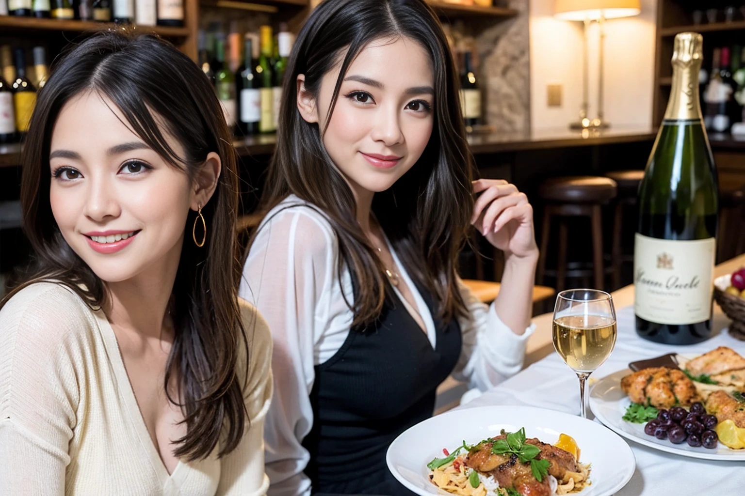 (Realistic:1.1),(masterpiece,Highest quality),8k,(58 years old), 53 years old, ベリーslimボディ、slimカップル、Tight waist,Upper Body,full-course dinner、wine 、Amazing view of the sunset sky and clouds、Perfect Anatomy, Brown Hair, short hair,Random Hairstyles,((Highly detailed face and eyes:1.2)),Perfect golden ratio face,Long sleeve shirt、dress,(smile:1.2)、Shortcuts、cute、(Realistic, Intricate details:1.2), A bright smile、short hair,Bright Face、赤wine 、Appetizers、Italian food、wine bottle、Champagne、スパークリングwine、(slimな顔), (The body is slim), (Brown Hair), (Shortcuts), Upper Body, 白wine, slim, wineグラス,