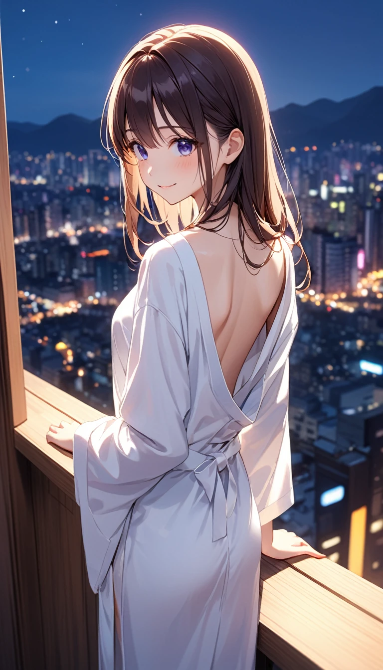 高いquality illustration, masterpiece, Very delicate and beautiful, Attractive girl,(White bathrobe),thin,Slender body,slim、Looking down on the night view from a high-rise apartment,Veranda Background,Princess, Beautiful Eyes,smile、Embarrassing、blush、(masterpiece, Highest quality:1.2), High resolution, Very detailed CG ユニティ 8k 壁紙, Perfect lighting, colorful, 超High resolution,4K,Very detailed, photograph, 8k, High resolutionolution, 、Back view、Overlooking the city、Shot from above