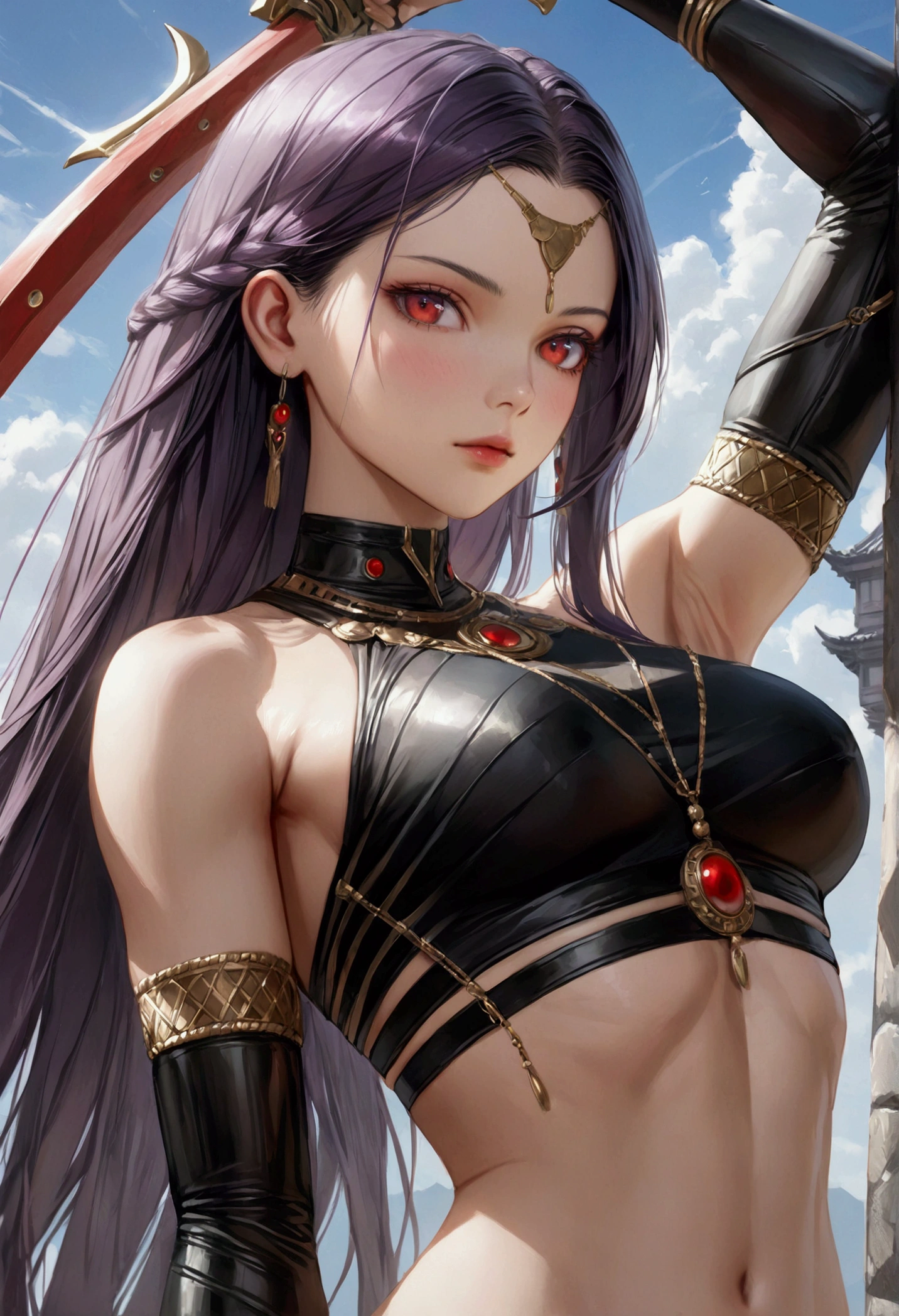 A girl with smooth black-purple hair,red eyes, fair skin tone, slender and athletic built, warrior wear, detailed hair, detailed body, aesthetic, realistic, Wide-Angle, best quality, 8k