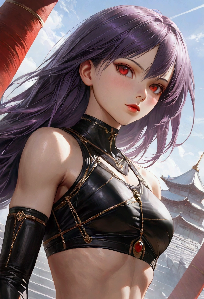 A girl with smooth black-purple hair,red eyes, fair skin tone, slender and athletic built, warrior wear, detailed hair, detailed body, aesthetic, realistic, Wide-Angle, best quality, 8k