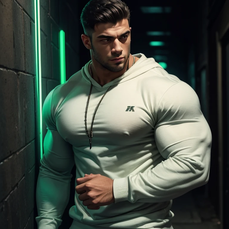 a very handsome young man, massively muscular, with massively large muscles, with massively large biceps, with massively large arms, wearing a simple white sweatshirt with black stripes with long sleeves, in a dark alley with a green light, seen close up