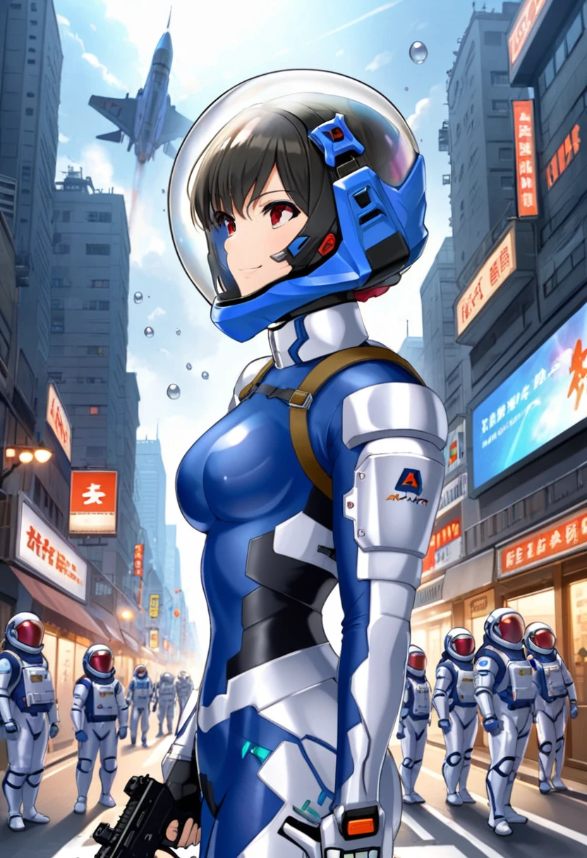  apocalypse,ak47, armor,assault rifle,belt,goggles,holding weapon,m4 ,holding gun,standing,, eva helm, helmet space, short hair,, bubble helmet, upper body, smile, black hair, red eyes,city, road, space helmet, space helmet, eva helm, space suit, short hair,  blue bodysuit, full body, from side