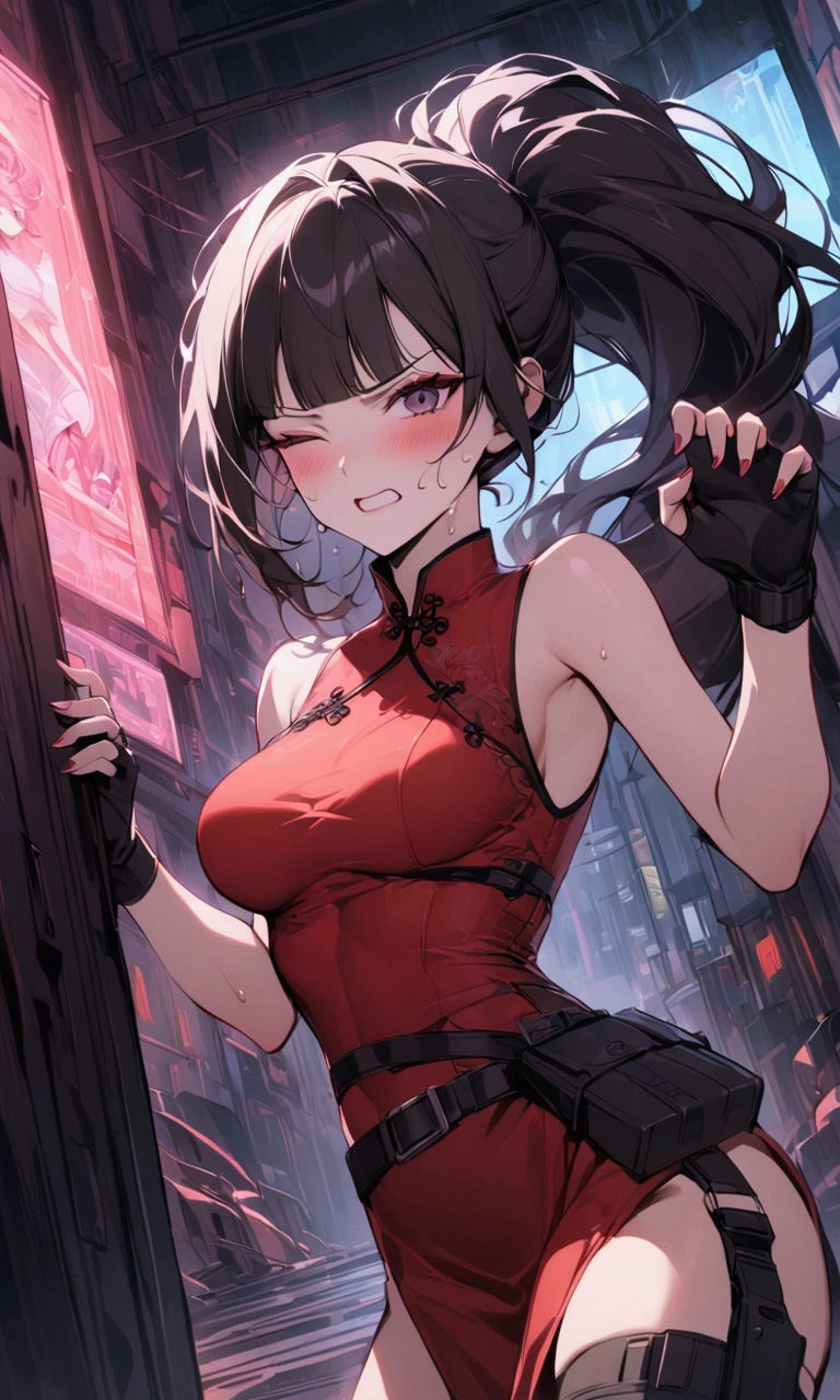 Dynamic composition,dutch angle,{{masterpiece}}, {{{Highest quality}}},{{Very detailed}},{{Fight}},{{fighting stance:1.6}},{{critical situation:1.6}},{{hold down one's stomach with one's hands:1.6}},1girl,30years old,{Mature Woman}},cyberpunk,{{RED Chinese clothing:1.2}},Red sleeveless Chinese dress,pelvic curtain,black stockings,belt,black fingerless gloves,holster,{{Grit your teeth:1.4}},one eye closed, ,{{v-shaped eyebrows}},Bad mood,blush,Sweat,raise one's eyebrows ,{{View your viewers}}、Very long long hair in a ponytail,Blunt bangs.abdominal pain ,{{pain}},Inside the dojo