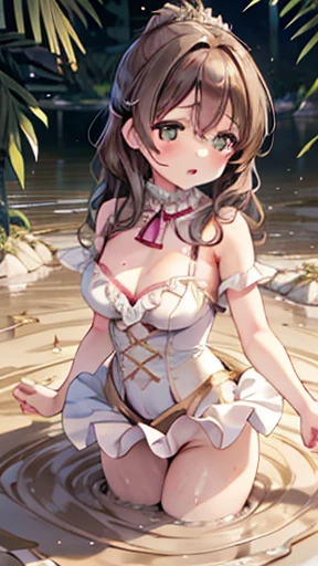 nozomitoujou, Nozomi-san always, Green Eyes, Brown Hair, Curly Hair, Large Breasts, masterpiece, Highest quality, High resolution, Beautiful attention to detail, Highly detailed face, Good lighting, Detailed CG, Messy Hair, Glossy Lips, Worried, Scared, ballerina, White tutu, (Quicksand:1.3)
