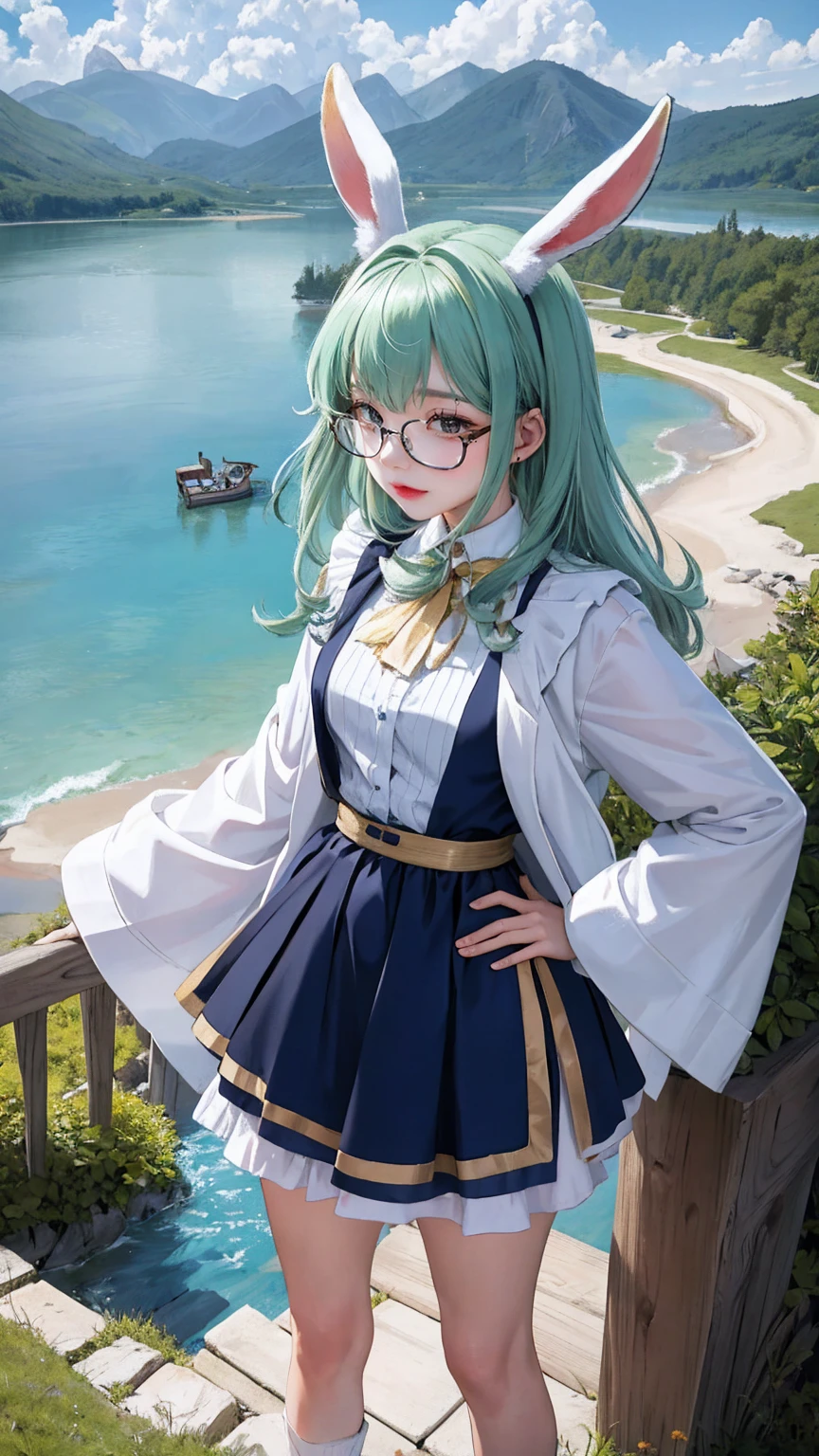 4Ｋ, ((Highest quality)), ((masterpiece)), (detailed), One girl, manga, Anime 18 years old, low length, Glasses, A girl standing on a plateau overlooking a lake, fluffy, Chiffon skirt, dress, cardigan, Two Piece, ash green hair color, Lapis Lazuli Eyes, C cup, Earth Colors, Bunny ears, Portrait, Outdoor