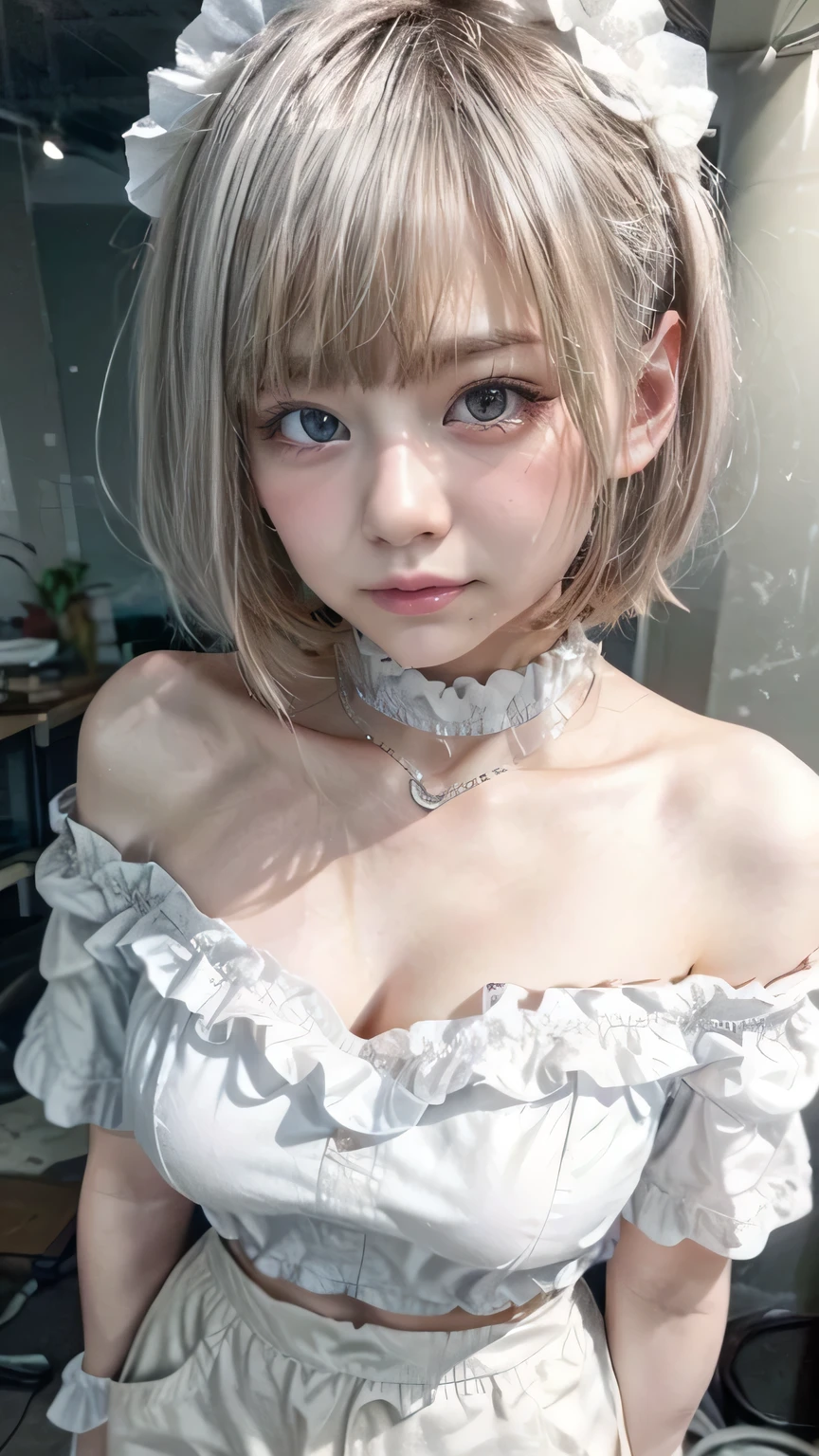 (Realistic、Like a photograph、Live Action、8k, Realistic, RAW Photos, Best image quality: 1.4), Single-lens reflex camera、RAW Photos, Highest quality, Realistic, Highly detailed CG Unity 8k wallpaper, Written boundary depth, Cinematic Light, Lens flare, Ray Tracing, Realistic background、A landmine girl waiting for an appointment、((Wearing an off-shoulder white blouse:1.4)、((Wear wide leg pants:1.1)、Big Breasts、Cleavage)、Cute ass)、((ultra high density skin))、 1 female,cute Japanese、Standing in front of the station, waiting for someone while looking at his smartphone、The whole body is visible:1.5、Wearing sneakers:1.1、((Silver Hair:1.5)、short hair:1.2、My hair flutters in the wind)、stylish ambiance、Very detailed and perfect costume、(White skin)、Precise and beautiful legs:1.1、View from above、Super detailed face