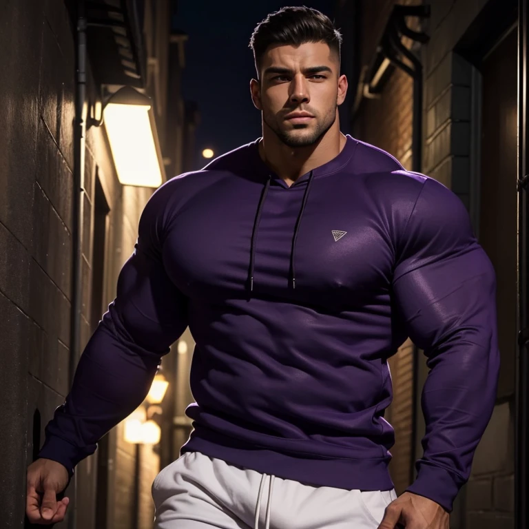 a very handsome young man, massively muscular, with massively large muscles, with massively large biceps, with massively large arms, wearing a simple dark purple sweatshirt with long sleeves, in a dark alley with a purple light, seen up close