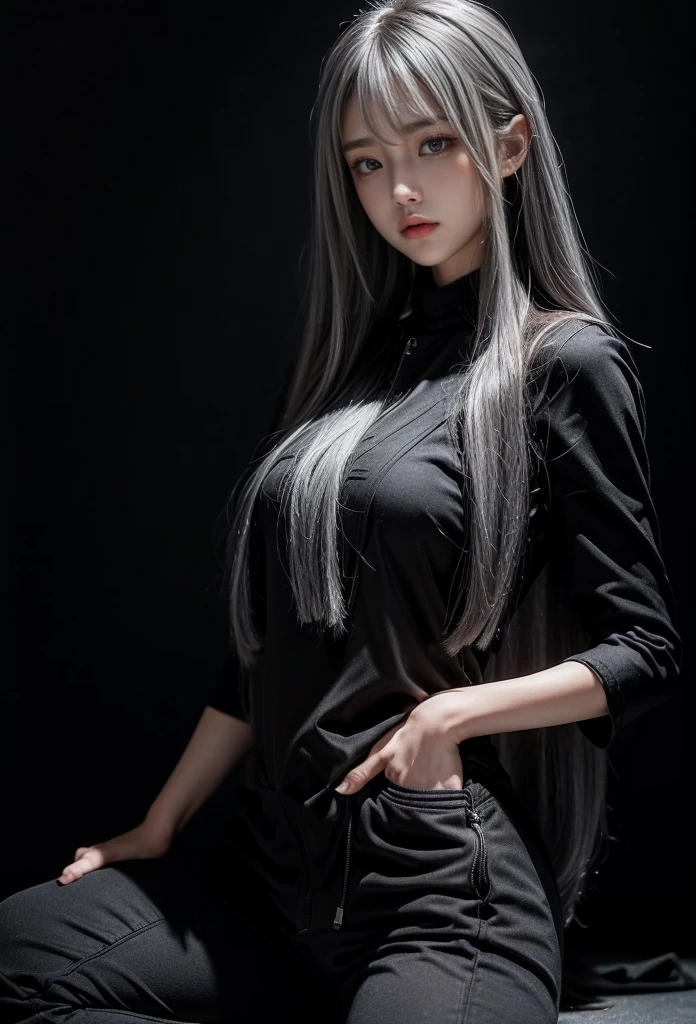 Military Uniforms,pants,black military uniform,whole body,Height: 168cm,almond shape eyes,{{{{{silver eyes}}}}},{{{{{dull bangs}}}}},(slanted eyes},{{whole body},{{{1 girl}}}, long hair, straight hair,{{{{silver hair}}}},{{{tsurime}}},30 years old,{Medium chest},{{bush}},silver eyes,{{{masterpiece}}}, {{{highest quality}}}, {{Super detailed}}, {shape}, {{very delicate and beautiful}},very detailed,detailed perfect,detailed hyper,Abundant thighs,big ass,black clothes