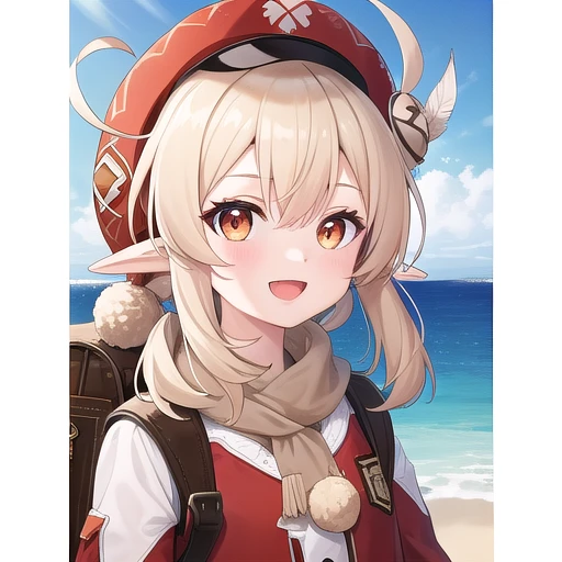 ((masterpiece)),(best quality),official art,extremely detailed CG,unity 8k wallpaper,ultra detailed,A lighthouse on a cliff by the sea,1girl,solo,upper body,(portrait:1.2),looking at viewer,bangs,pointy_ears,ahoge,hair_between_eyes,long_hair,low_twintails,sidelocks,red_headwear,hat_feather,cabbie_hat,open_mouth,red_eyes,bag,blonde_hair,clover_print,light_brown_hair,backpack,:d,hat_ornament,orange_eyes,brown_gloves,brown_scarf,long_sleeves,red_coat,scarf,randoseru,