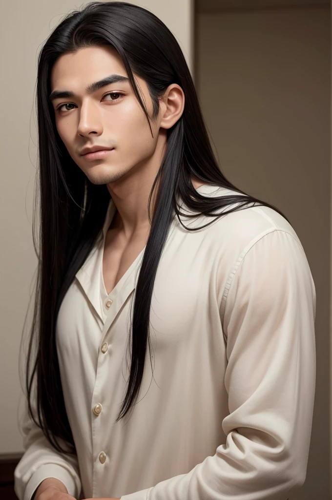 The image shows a handsome young man with very long black hair., suggesting a modern and well-groomed style. Your skin is brown, with an even and healthy tone, revealing a slight natural luminosity. giving a touch of sophistication to your face.
Your eyes are slightly closed, with eyelids that suggest a state of relaxation or perhaps a soft smile, and lightly pulled, giving a mysterious and captivating appearance. The eyebrows are well defined, following the soft and serene expression on the face.
His overall expression is calm and gentle, with a slight smile that lights up your features, highlighting natural youth and beauty.