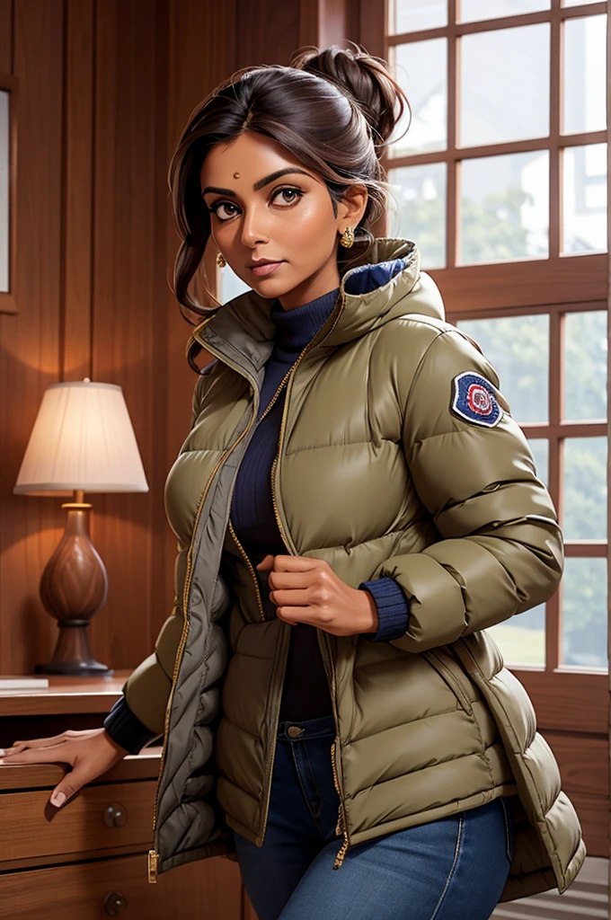 beautiful indian woman of 50 years old , brown hair, hair in bun with tendrils, looking directly at the camera, very realistic, silk navy blue moncler puffer coat, clothes tight against body, clothes too tight, film grain, fit muscular body, big breasts, clothes too tight, seductive, lipstick, down jacket, puffer coat, mature woman, milf,