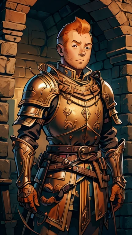 (1man, Tintin,1boy), (extremely detailed CG unit 8k wallpaper),(master part), (best quality), (ultra detail), (best illustration),(ExpeditionStyle), cowboy shot,(Sharp eyeliner, ombre, detailed eyes:1),Dark Dungeon interiors background,break,(medieval armor),upper body,short hair,orange hair, 