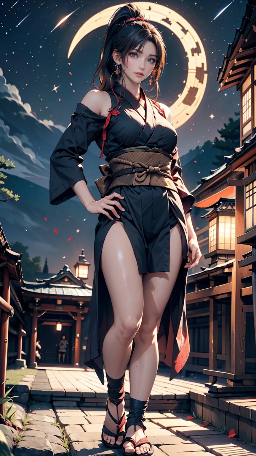「Mito Komon」、Kagerou Ogin、Kunoichi(Female Ninja)、Black Hair、ponytail、Ninja Costume、Exposed thighs、Sandals、Place hands on hips、Carrying a sword on your back、Japanese castle background、night、Starry Sky