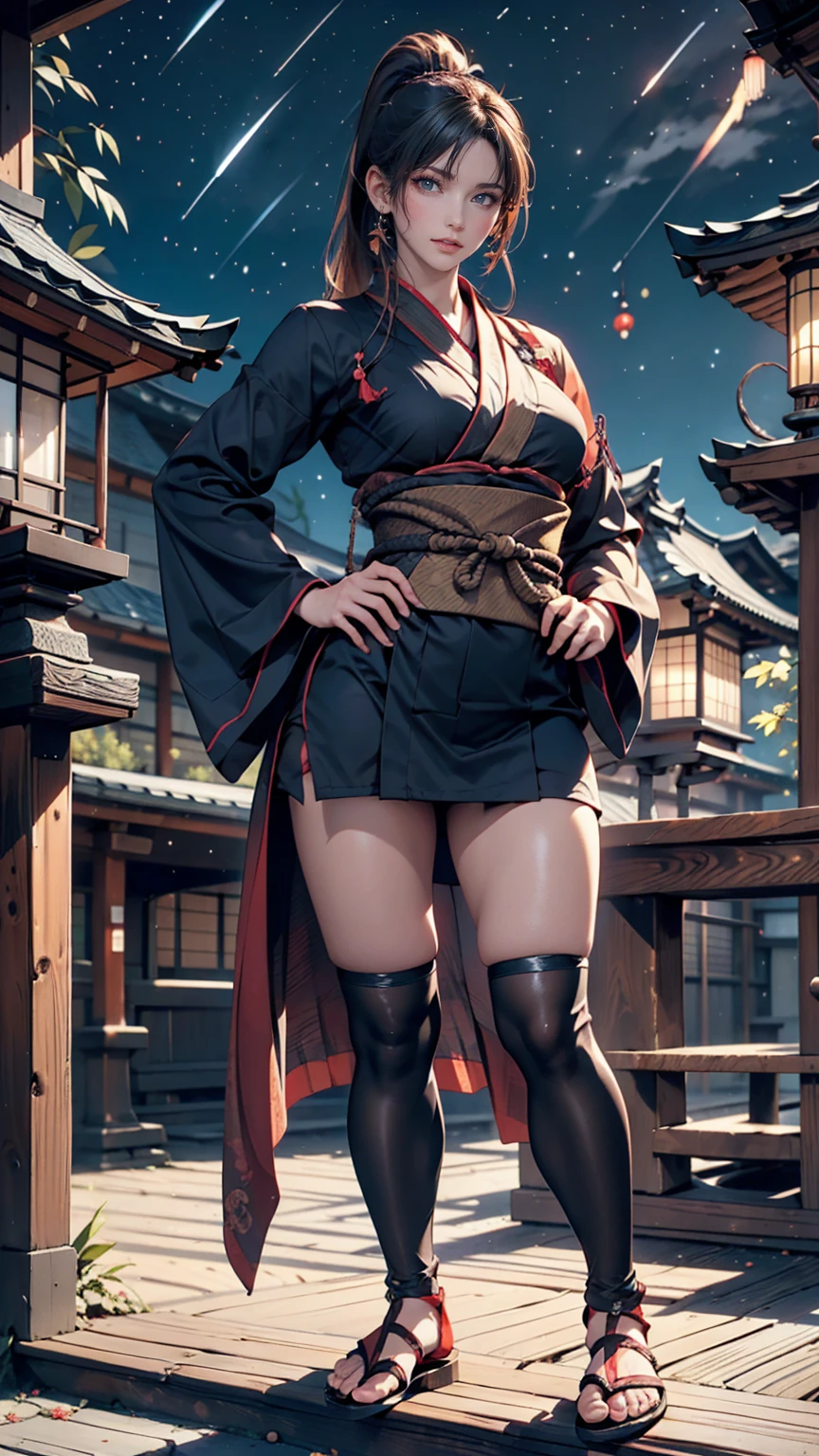 「Mito Komon」、Kagerou Ogin、Kunoichi(Female Ninja)、Black Hair、ponytail、Ninja Costume、Exposed thighs、Sandals、Place hands on hips、Carrying a sword on your back、Japanese castle background、night、Starry Sky