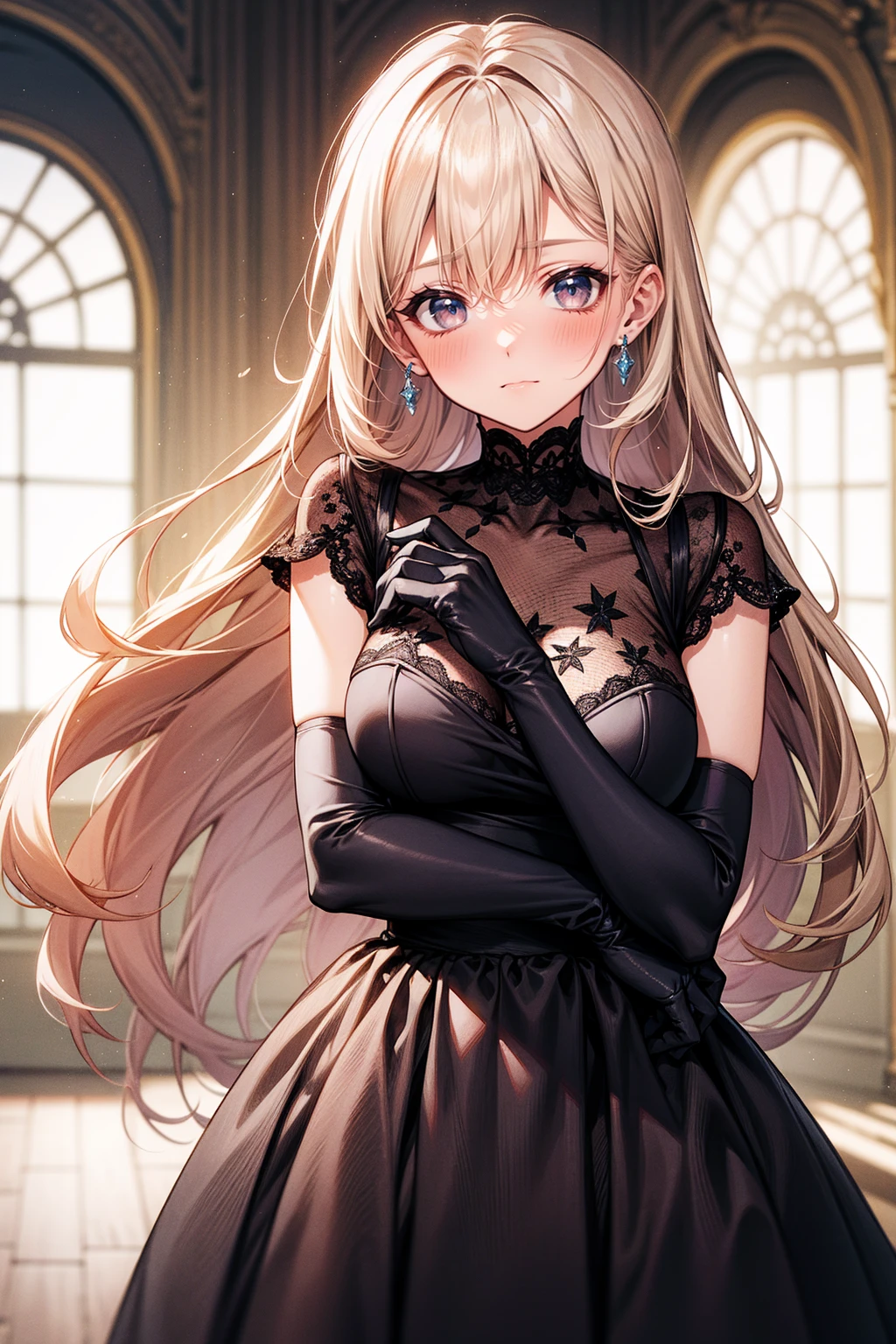 long gloves up to the elbow、dress、blonde lady、blush、Shyness