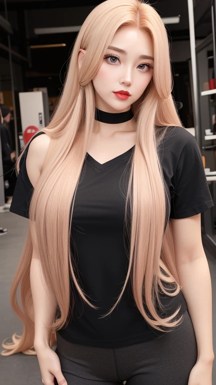 Perfect face, gray eyes, sexy woman, muscle build body,Bodybuilding body,red lips, long golden hair with very long golden hair, super long golden hair with very super long golden hair, large hair, huge body, wearing Pink high-neck stripe with black spots, gray t-shirt, anime proportions, good proportions