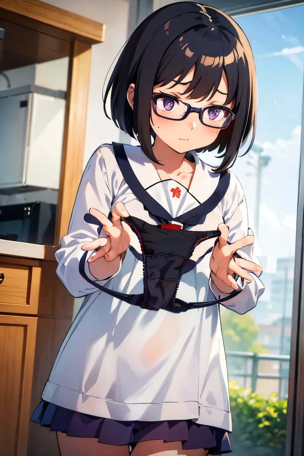 Elementary school girl, , toddler, flat chest, black hair, short bob, glasses, purple eyes, embarrassed expression(One person)) A plain white short-sleeved sailor suit Navy blue mini skirt Holding white panties in hand Panties are spread with both hands ((I can see her panties)) School classroom Are standing Dynamic Angle Low - Angle