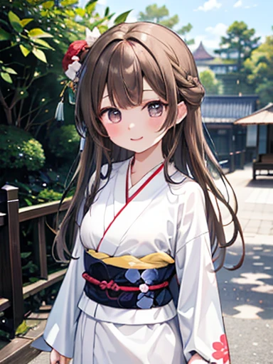 Highest quality、Anime girl with brown hair and beautiful flowers々Park where flowers bloom Bird Minami、Put your arms behind your back、 [3D Images:1.15],High resolution、garden、Highest quality, High resolutionであり, View from the front、全体的にLong Hair、One Girl, A strong face, smile, Bird, Long Hair, Brown Hair,、right pupil is narrow, Cute clothes、White kimono、Japanese style colorful kimono、Absolute reference to the center、During a walk、Date、Slender fingertips