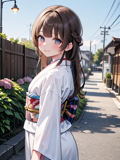 Highest quality、Anime girl with brown hair and beautiful flowers々Park where flowers bloom Bird Minami、Put your arms behind your back、 [3D Images:1.15],High resolution、garden、Highest quality, High resolutionであり, View from the front、全体的にLong Hair、One Girl, A strong face, smile, Bird, Long Hair, Brown Hair,、right pupil is narrow, Cute clothes、White kimono、Japanese style colorful kimono、Absolute reference to the center、During a walk、Date、Slender fingertips
