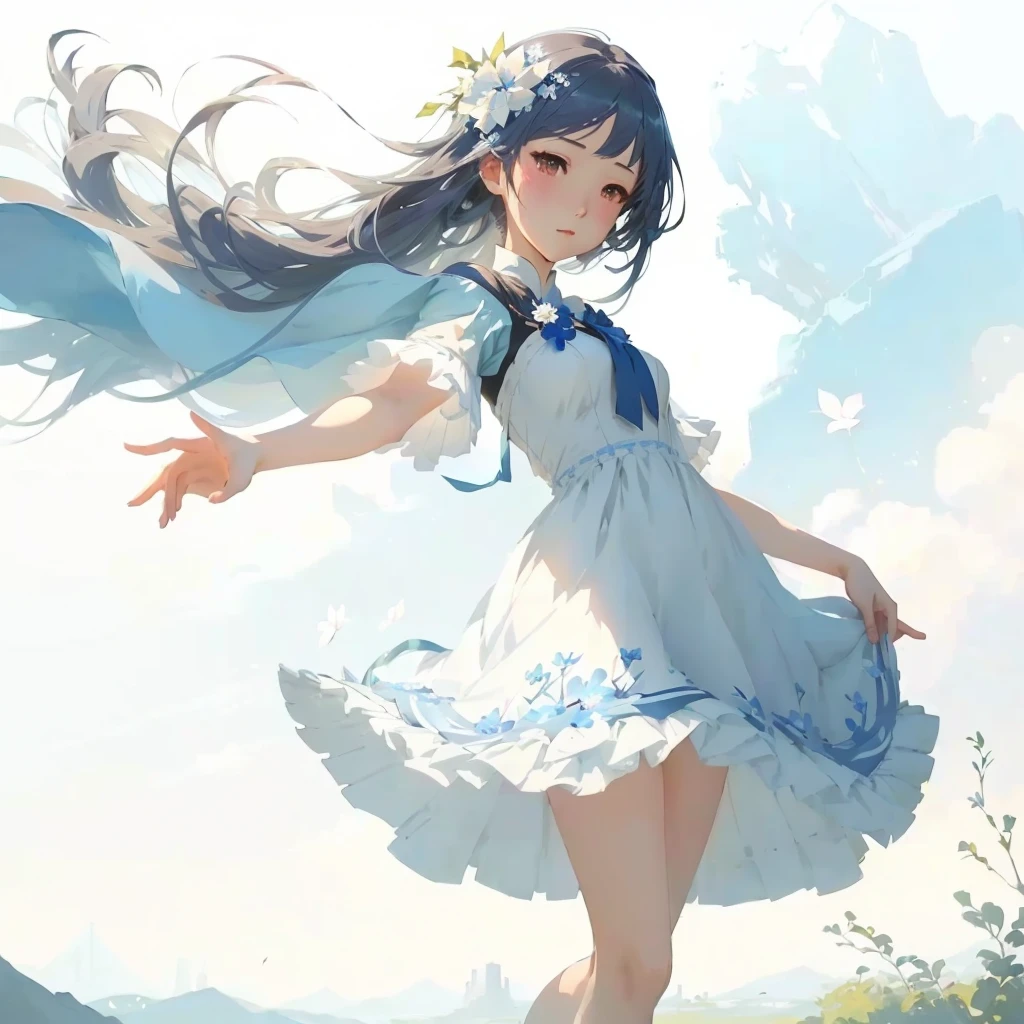 anime girl in a blue dress with a white flower in her hair,  in dress, guweiz on pixiv artstation, anime style 4 k, anime art wallpaper 8 k, beautiful anime artwork, guweiz on artstation pixiv, guweiz, beautiful anime art, anime art wallpaper 4k, anime art wallpaper 4 k, beautiful anime