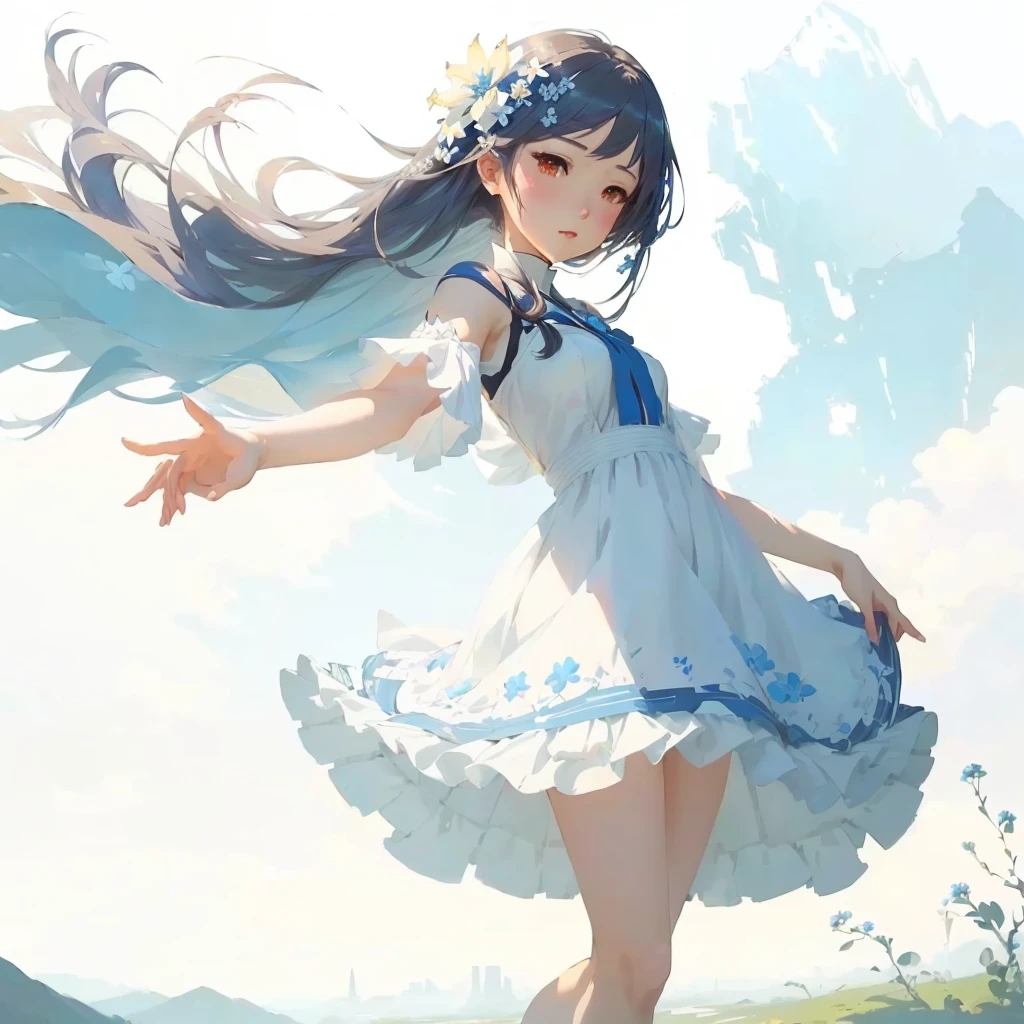 anime girl in a blue dress with a white flower in her hair, in dress, guweiz on pixiv artstation, anime style 4 k, anime art wallpaper 8 k, beautiful anime artwork, guweiz on artstation pixiv, guweiz, beautiful anime art, anime art wallpaper 4k, anime art wallpaper 4 k, beautiful anime