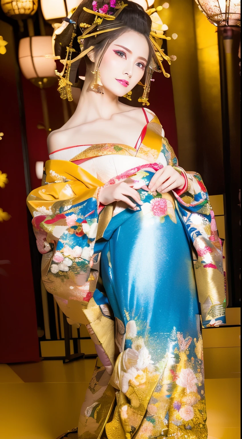 ((masterpiece(:1.4),Highest quality,Ultra-high resolution,Highest quality,8k,Extremely detailed,In detail))。night,Japanese,(A beautiful woman),glossy,slim,Large Breasts(1.6),sexy,glamorous,((Golden Ratio Style,Perfect Style)),Narrow waist,Flashy gal makeup,Japanese garden,Oiran,Prostitute,Sunny day outfit,Uchikake,Gold brocade,((A gorgeous kimono)),A cutting board belt tied in front,Hair tying,hairpin,hair ornaments,Gorgeous costumes,Beautiful standing posture,Presence,Exude sex appeal,looking at the camera,Show off your style,