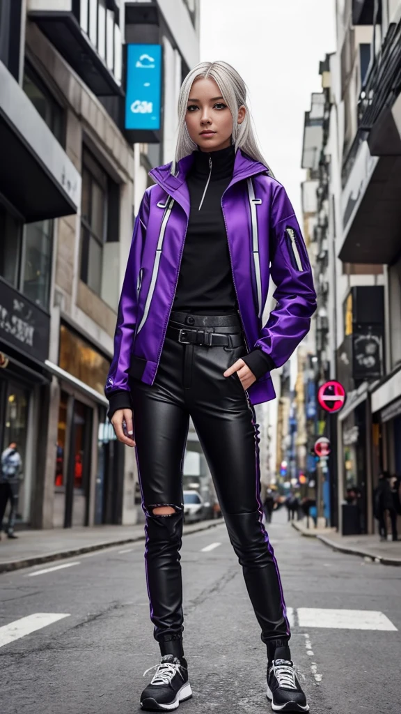 One girl, appropriately aged 21, with platinum hair that cascades down her back in long locks, stands out against the urban backdrop of a cyberpunk cityscape. She is clad in a techwear masterpiece, a dark purple jacket featuring intricate designs and advanced materials, perfectly accentuating her slender figure. Her gray eyes, filled with an air of intrigue and determination, hold a steady gaze toward the viewer. She wears a high-tech headset, its wires and circuits visibly integrated into the jacket, as she takes a fashionable pose in the middle of the city road. The image is captured in the highest quality, showcasing a level of realism