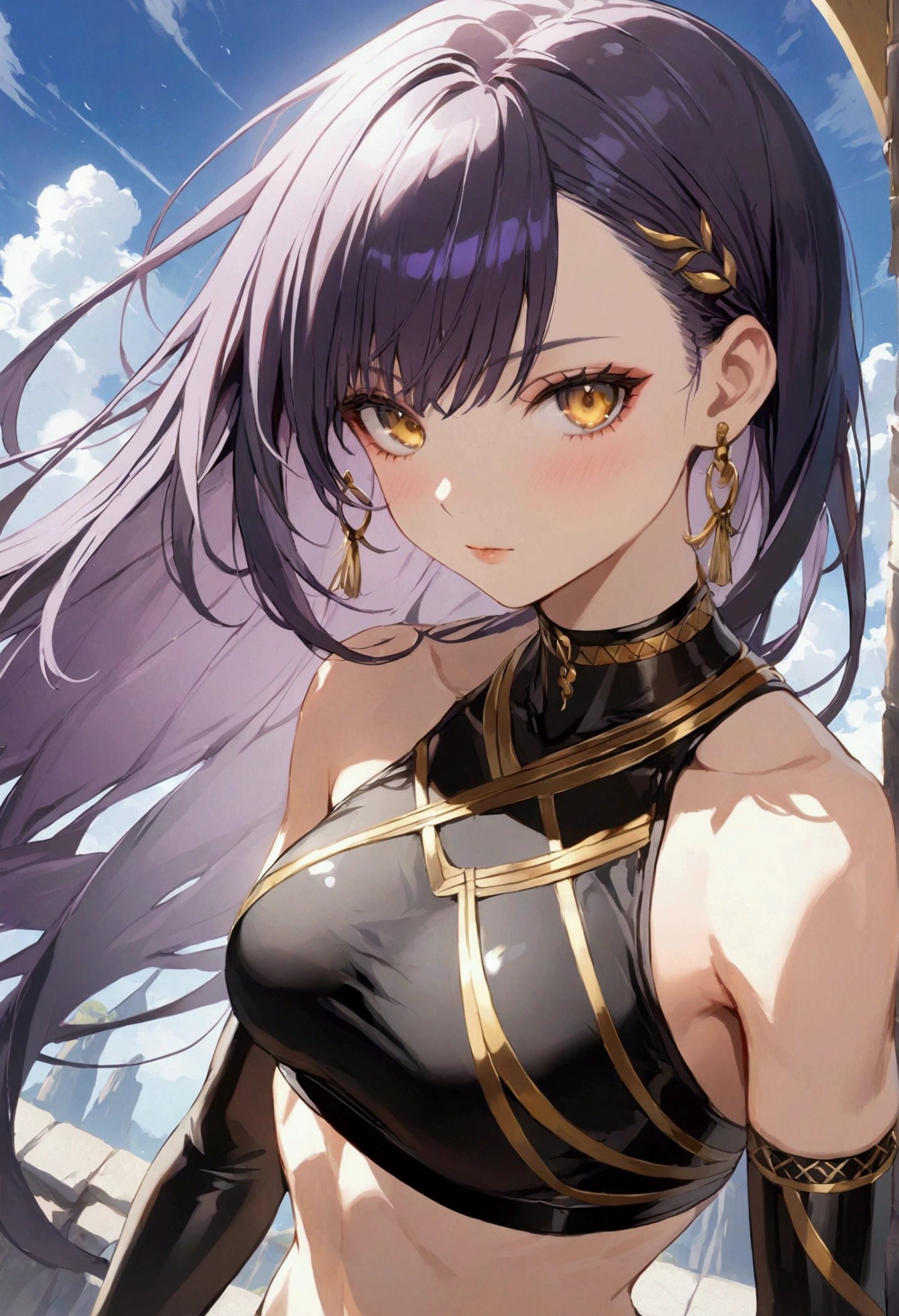 A girl with smooth black-purple hair,golden eyes, fair skin tone, slender and athletic built, warrior wear, detailed hair, detailed body, aesthetic, Wide-Angle, best quality, 8k