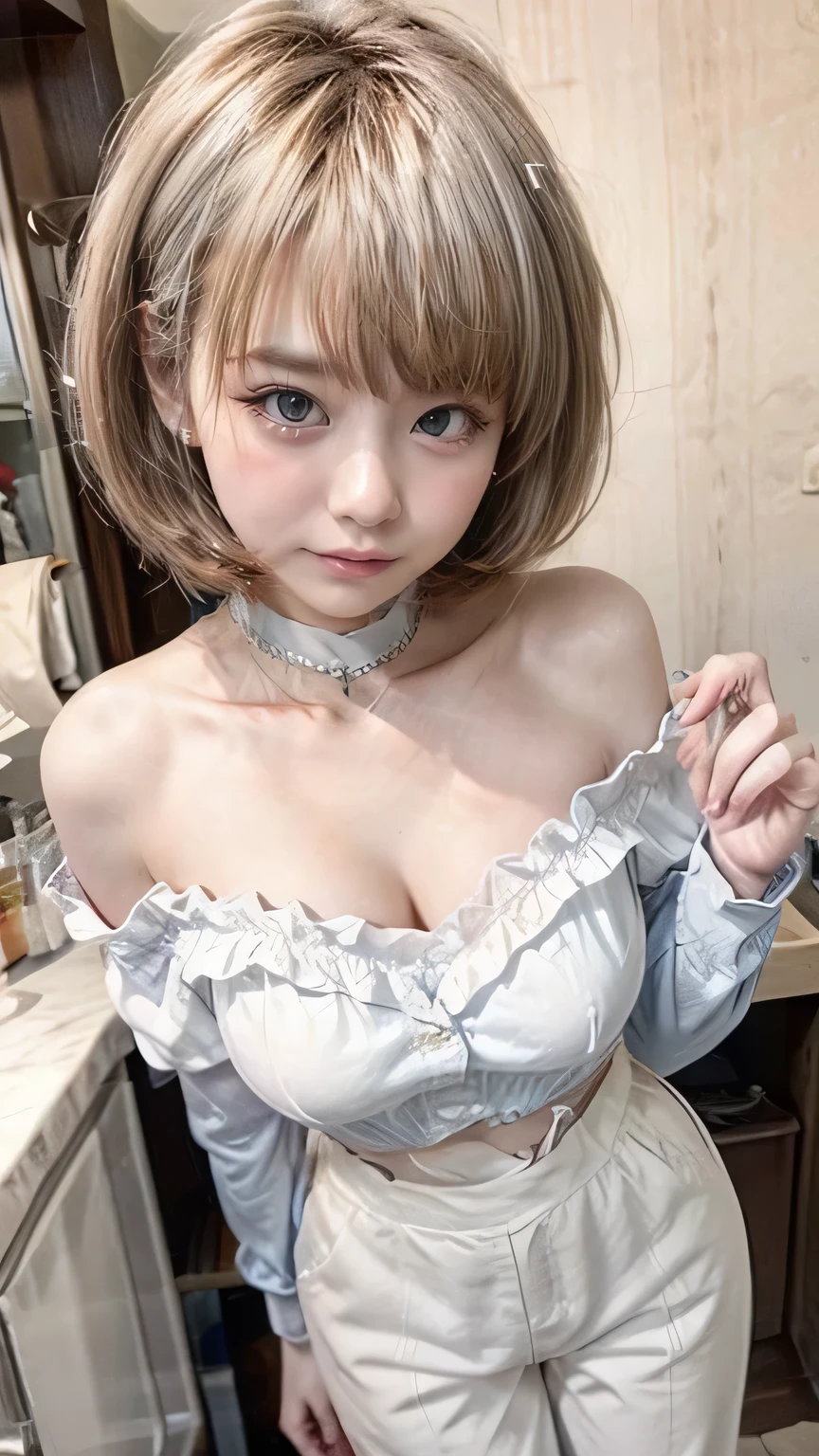 (Realistic、Like a photograph、Live Action、8k, Realistic, RAW Photos, Best image quality: 1.4), Single-lens reflex camera、RAW Photos, Highest quality, Realistic, Highly detailed CG Unity 8k wallpaper, Written boundary depth, Cinematic Light, Lens flare, Ray Tracing, Realistic background、A landmine girl waiting for an appointment、((Wearing an off-shoulder white blouse:1.4)、((Wear wide leg pants:1.1)、Big Breasts、Cleavage)、Cute ass)、((ultra high density skin))、 1 female,cute Japanese、Standing stooped and looking at a smartphone while waiting for someone、The whole body is visible:1.5、Wearing sneakers:1.1、((Silver Hair:1.5)、short hair:1.2、My hair flutters in the wind)、stylish ambiance、Very detailed and perfect costume、(White skin)、Precise and beautiful legs:1.1、View from above、Super detailed face