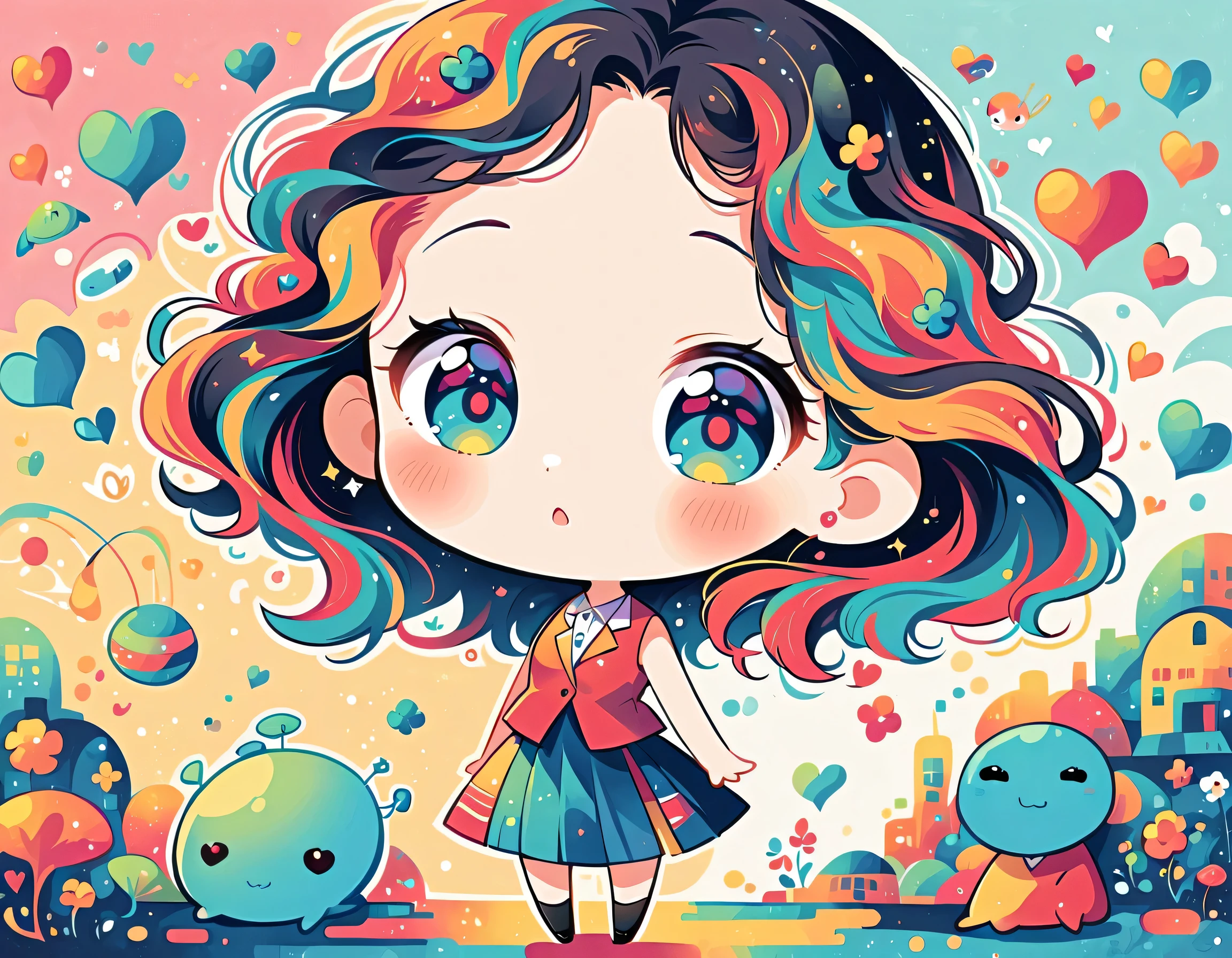 Mai Yoneyama style, Simple Line Initialism，Abstract art，Urban Background, colorful hearts ,(((The most beautiful girl of all time))), (((chibi))), (((Cute Aliens))), school room