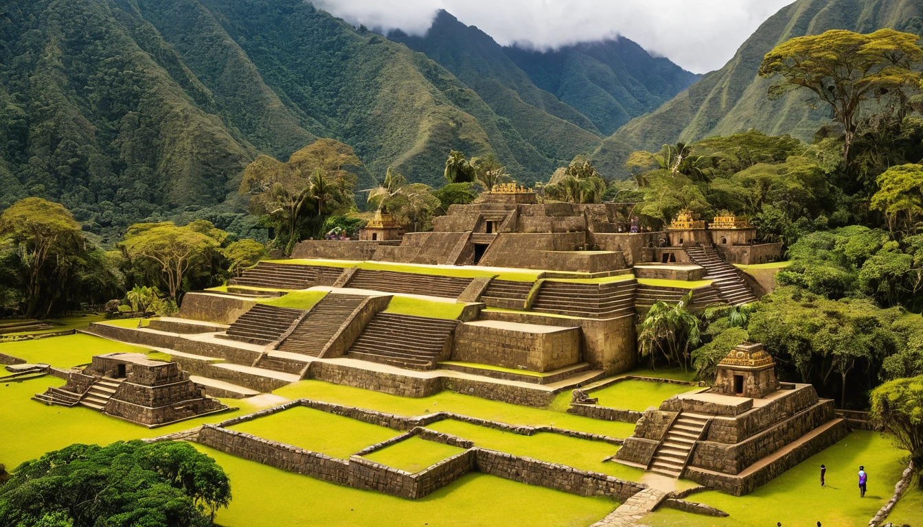 Great ancient Inca city in gold lost in the middle of the jungle. The place is composed of many temple, statue and buildings all made of gold. Eldorado city.
