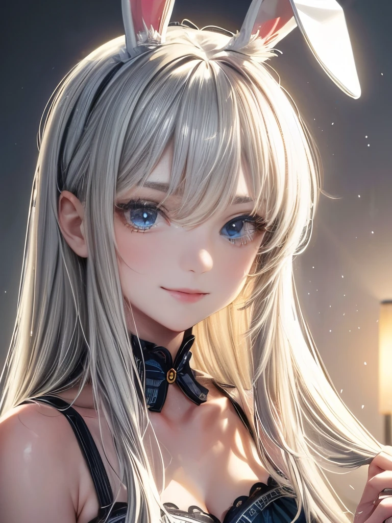 (masterpiece: 1.2, Highest quality), (8k wallpaper, Ultra high definition,Intricate details), 1. Female, alone, Upper Body, casual, Shoulder-length hair, Minimal makeup, Natural materials, Face close-up, smile, Home, Gray Hair, blue eyes, Bunny ears,