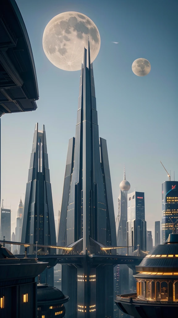 futuristic city with tall spires and bridges between buildings
on another planet with 3 moons, muted color palette with blues golds and ambers
