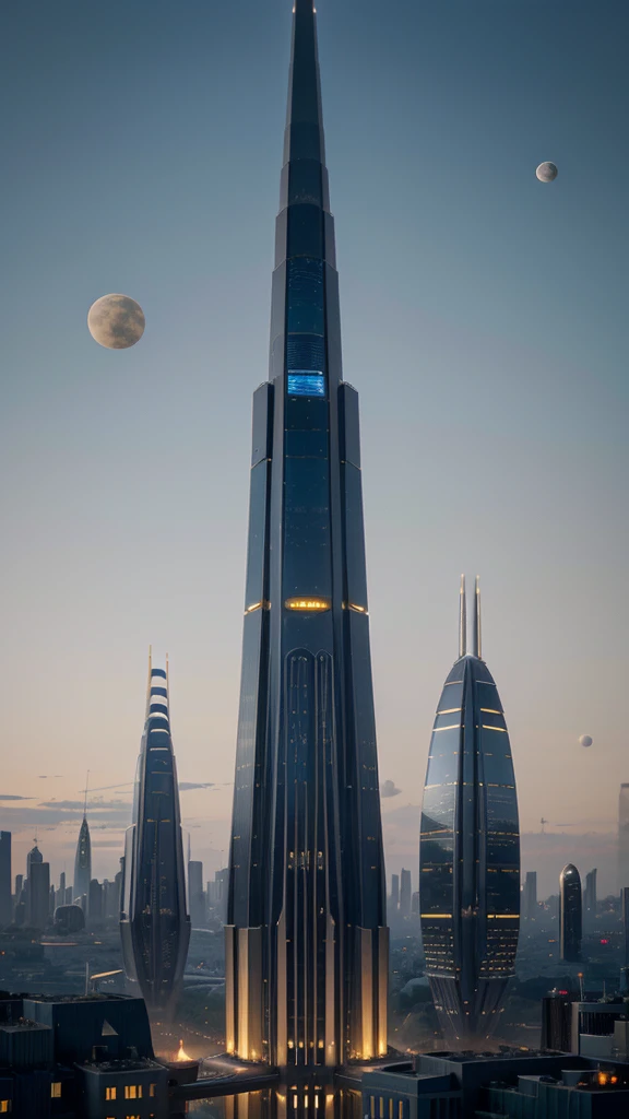 futuristic city with tall spires and bridges between buildings
on another planet with 3 moons, muted color palette with blues golds and ambers