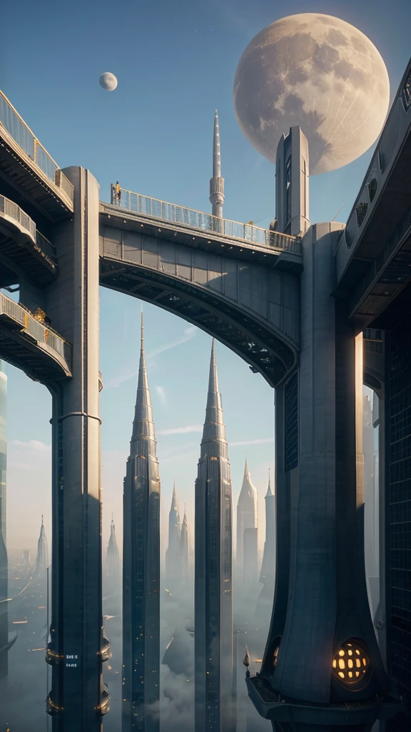 futuristic city with tall spires and bridges between buildings
on another planet with 3 moons, muted color palette with blues golds and ambers