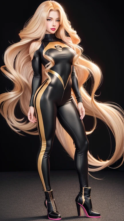 Perfect face, gray eyes, sexy woman, muscle build body,Bodybuilding body,red lips, long golden hair with very long golden hair, super long golden hair with very super long golden hair, large hair, huge body, wearing Pink high-neck stripe with black spots, gray t-shirt, full body suit,anime proportions, good proportions, 3d body 