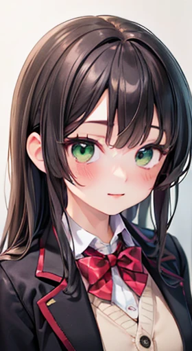 ((masterpiece, Highest quality, High resolution, Hyper HD, Pixel perfect, Depth of written boundary, 4K, RTTX 10.0, High resolution))), One girl, single, alone, Beautiful Anime Girls, Beautiful art style, Anime Figures, ((Long Hair, bangs, Brown Hair, Curly Hair:0.8)), ((Green Eyes:1.4, Round eyes, Beautiful eyelashes, Realistic eyes)), ((Detailed face, blush:1.2)), ((Smooth texture:0.75, Realistic texture:0.65, Realistic:1.1, Anime CG style)), Huge , Dynamic Angle, Perfect body, ((Portraiture, viewing angle)), ((Red bow tie, , Black jacket, Open jacket, Brown cardigan, White shirt, Black Skirt, Checked skirt)), smile, amusement park