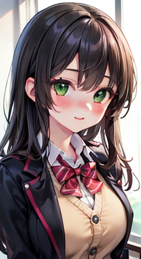 ((masterpiece, Highest quality, High resolution, Hyper HD, Pixel perfect, Depth of written boundary, 4K, RTTX 10.0, High resolution))), One girl, single, alone, Beautiful Anime Girls, Beautiful art style, Anime Figures, ((Long Hair, bangs, Brown Hair, Curly Hair:0.8)), ((Green Eyes:1.4, Round eyes, Beautiful eyelashes, Realistic eyes)), ((Detailed face, blush:1.2)), ((Smooth texture:0.75, Realistic texture:0.65, Realistic:1.1, Anime CG style)), Huge , Dynamic Angle, Perfect body, ((Portraiture, viewing angle)), ((Red bow tie, , Black jacket, Open jacket, Brown cardigan, White shirt, Black Skirt, Checked skirt)), smile, amusement park