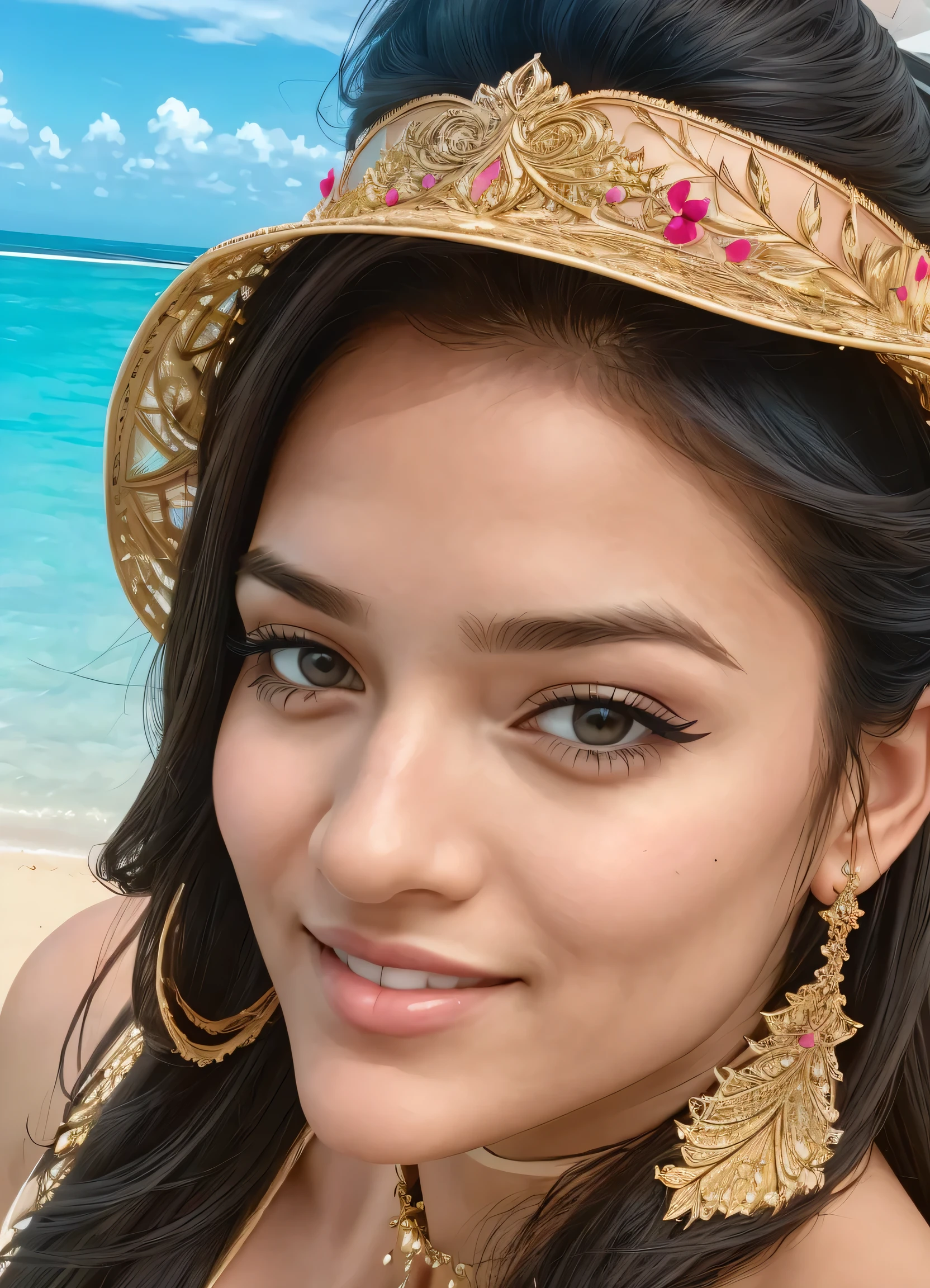 portrait of  woman,  makeup, smile, bikini,  extremely detailed, intricate detail, fine detail, careful detail, up close portrait, masterpiece, best quality, ultra-detailed