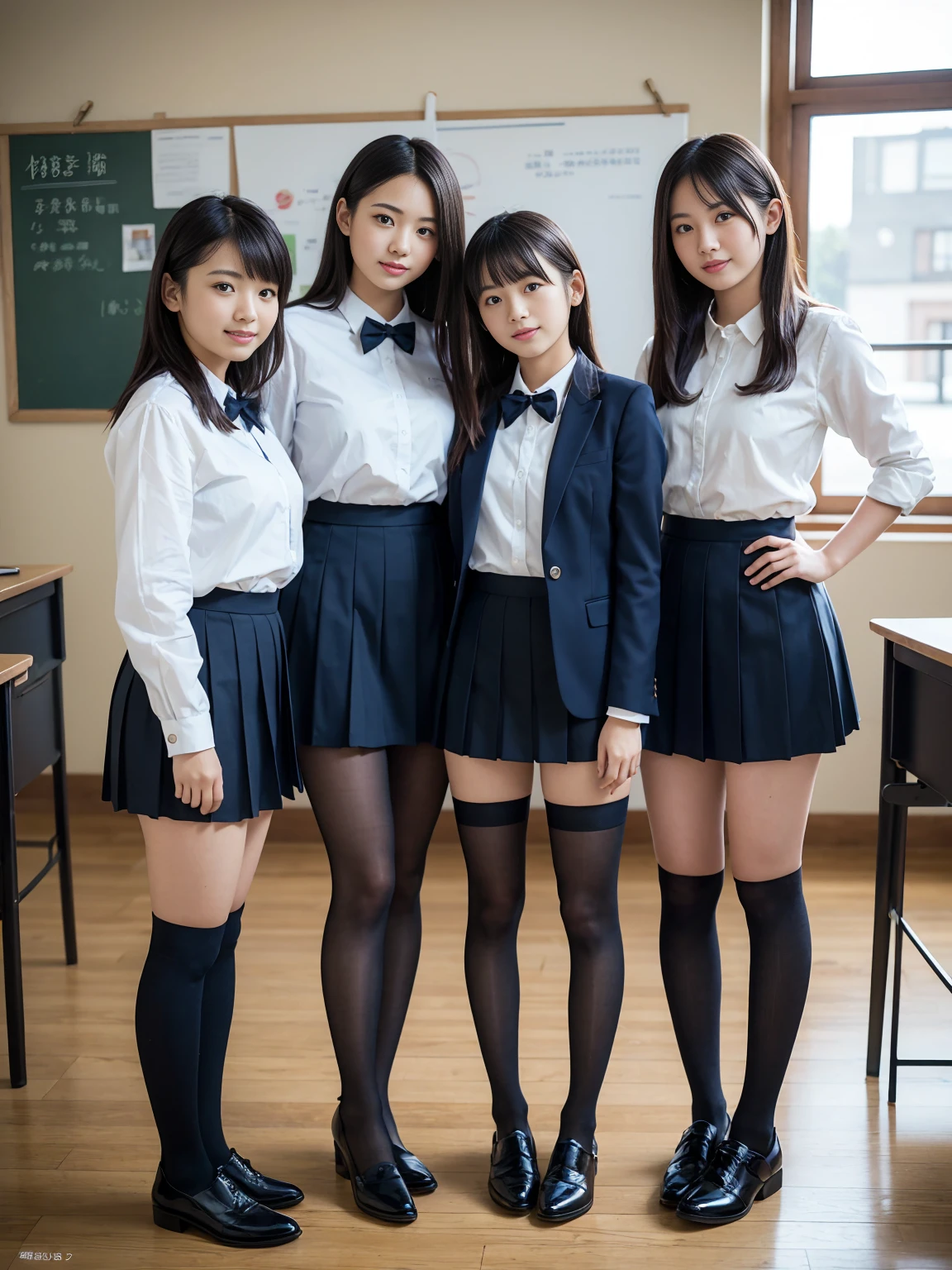 (Highest quality, masterpiece, Photorealistic, Super detailed, Ultra-high resolution, born:1.3), (Three Girls:1.3), beautiful, 日本人の女子高born, 16 years old, In the classroom, 学born服,Navy blue high waist pleated mini skirt, (Black Stockings),(smile), (bangs), (Long legs, whole body:1.2), (Standing side by side)