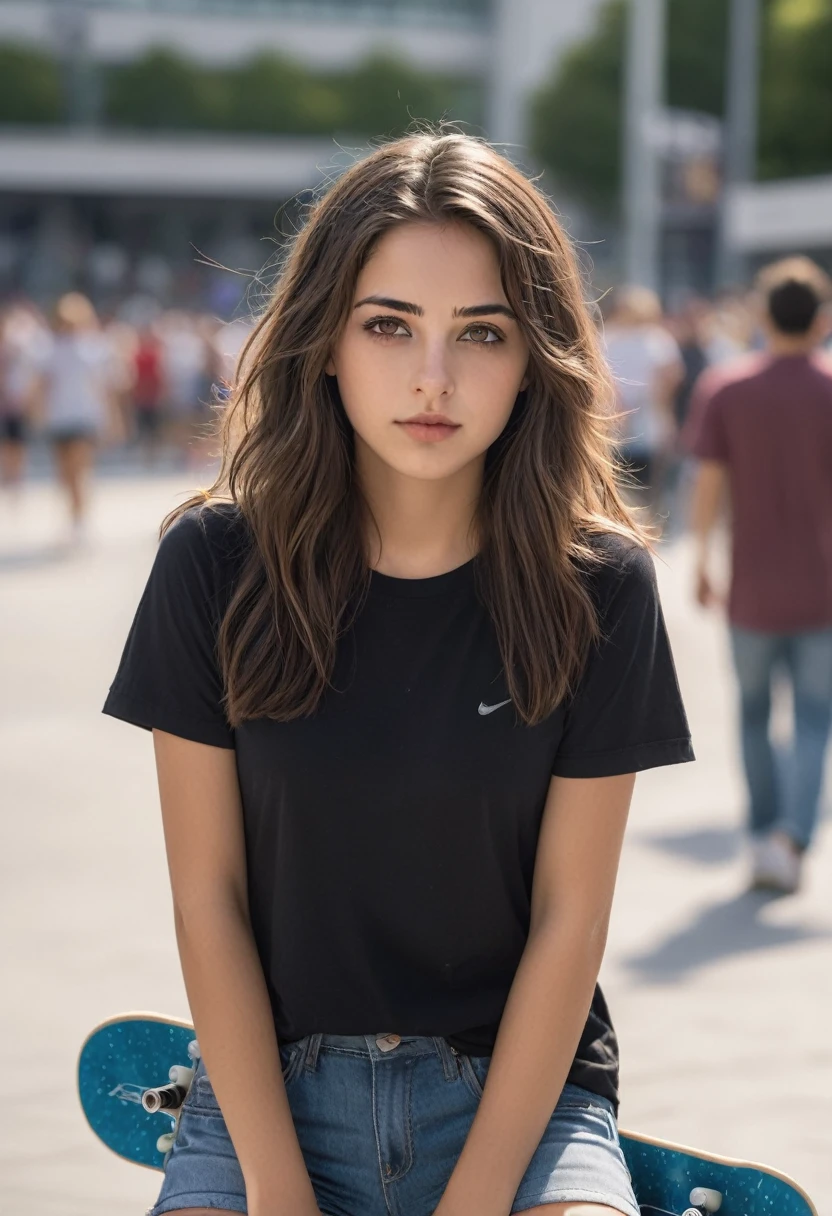 beautiful brunette with brunette highlights wearing a black shirt clothes, with skateboard highly detailed, 22 years old, innocent face, natural wavy hair, hazel eyes, Beauty 3 people, 3 people beauties, Casual clothes, A hyper-realistic, Distracted expression skateboarding in the olimpics with a crowd young people hiquality, Friends group, Nikon, Canon, Fujifilm, HD, 4K, 8k