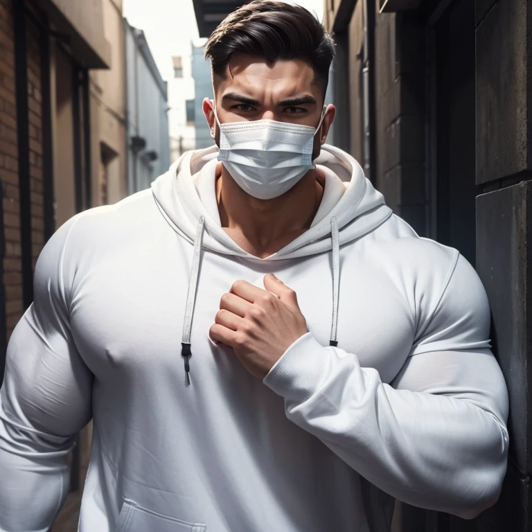 a very handsome young man, massively muscular, with massively large muscles, with massively large biceps, with massively large arms, with a surgery mask, wearing a simple white sweatshirt with long sleeves, in a dark alley, seen close up